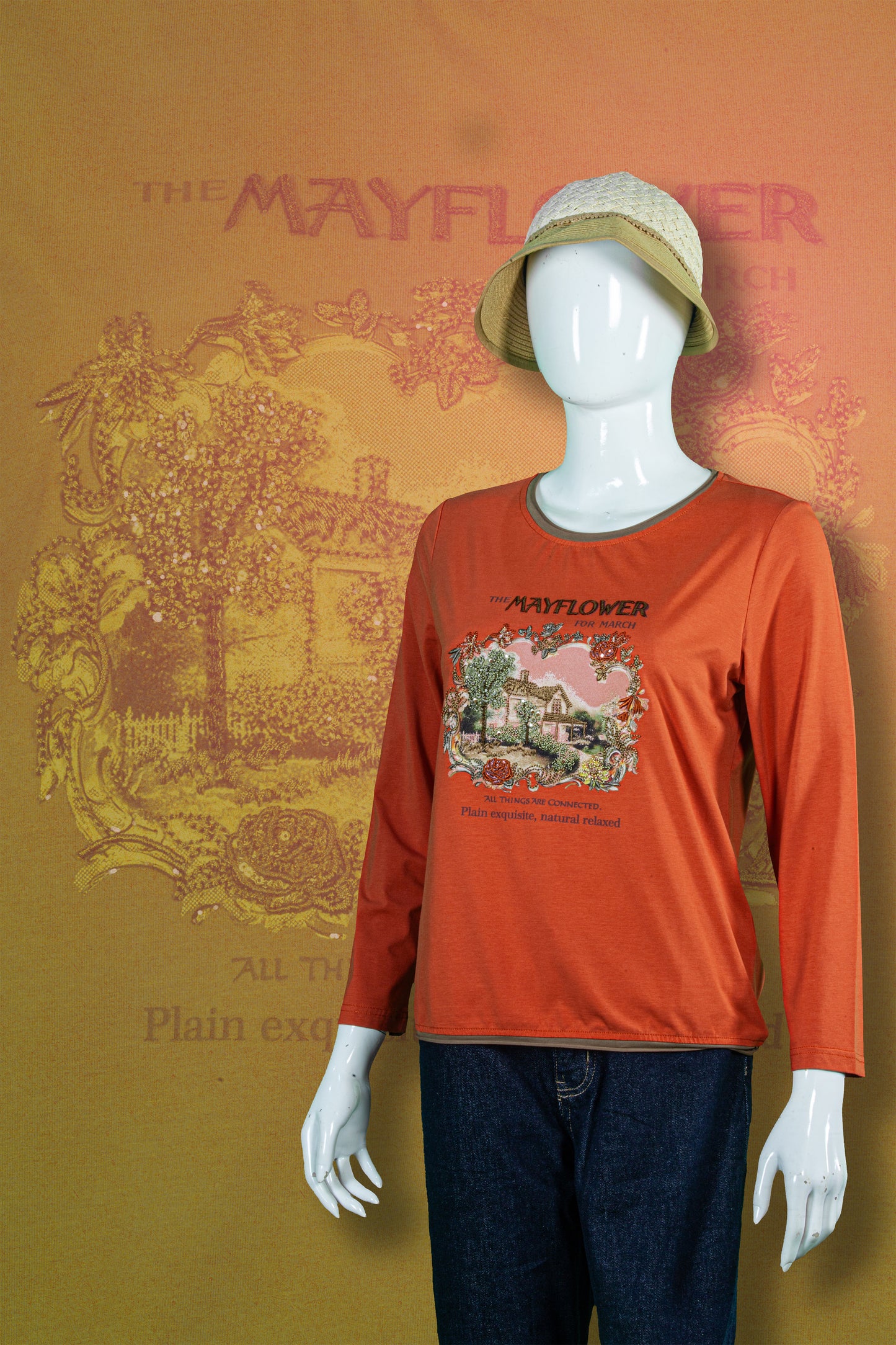 T-Shirt Tangan Panjang Sulam Motif Mayflower