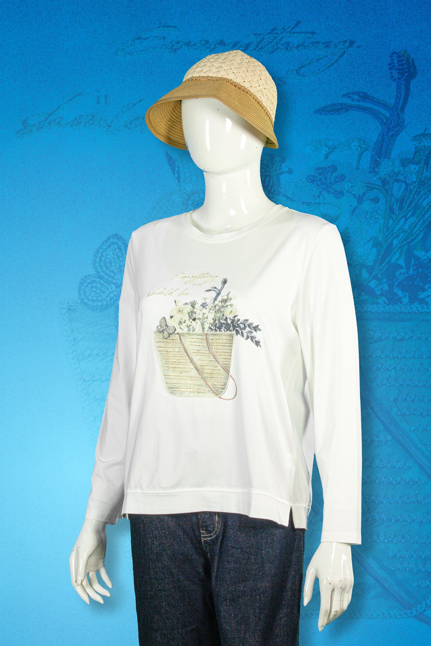 T-Shirt Tangan Panjang Sulam Motif Buket Bunga