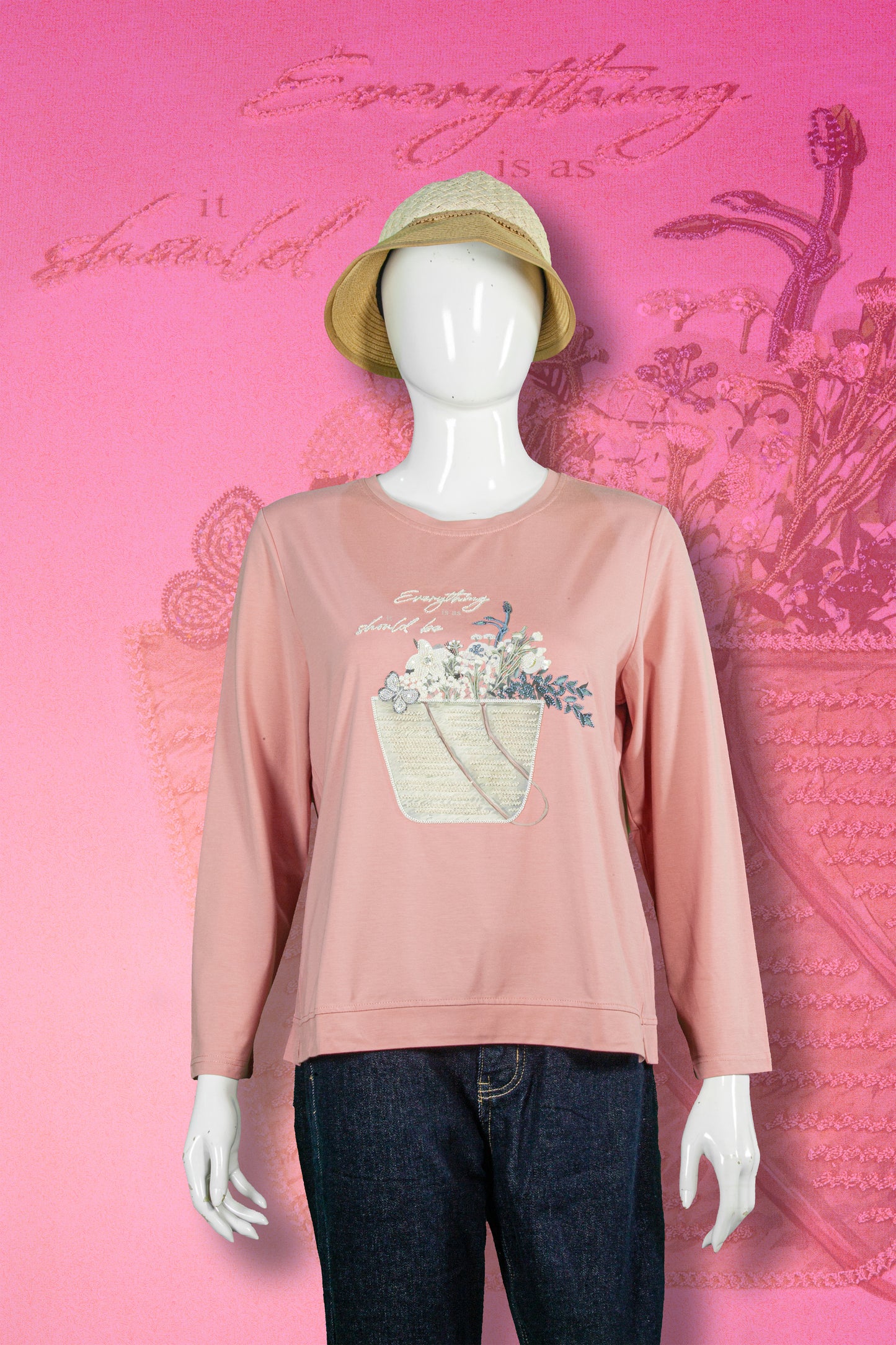 T-Shirt Tangan Panjang Sulam Motif Buket Bunga