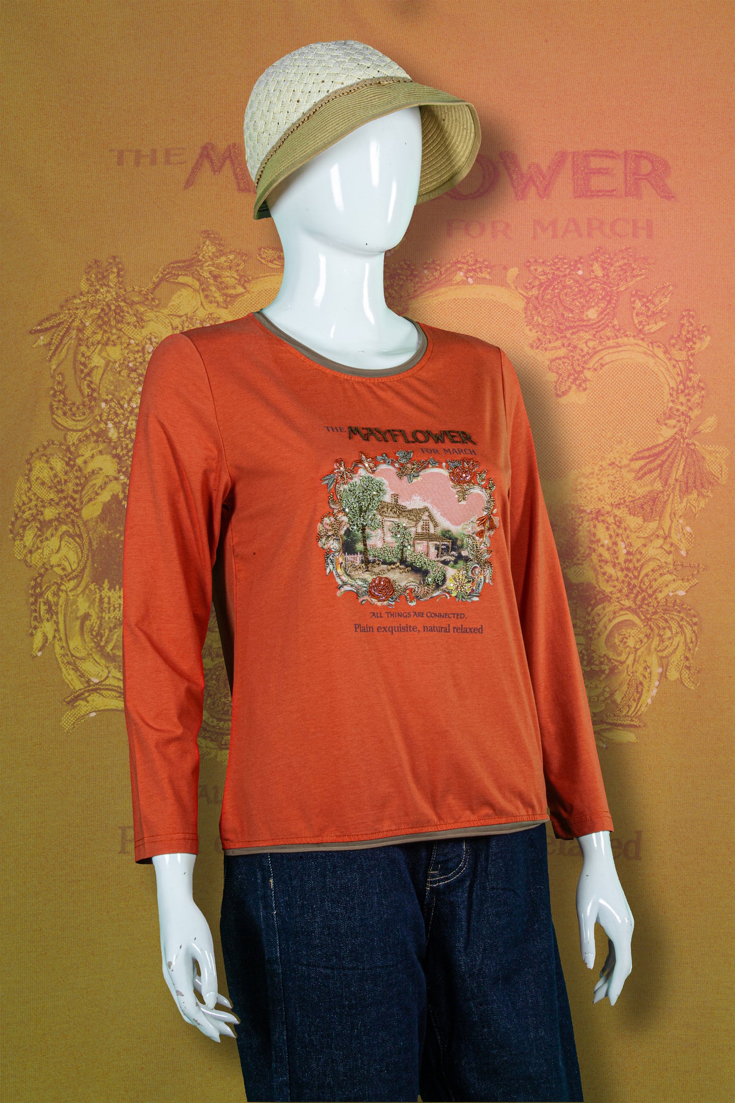 T-Shirt Tangan Panjang Sulam Motif Mayflower