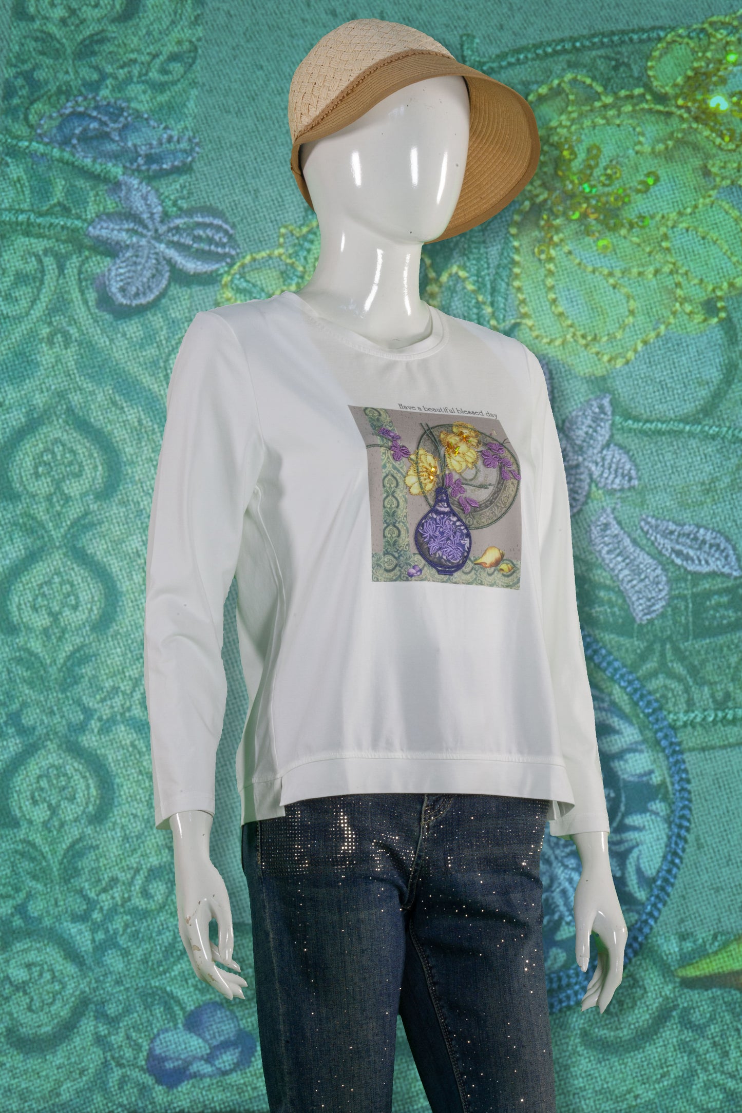 T-Shirt Tangan Panjang Sulam Motif Vas Bunga