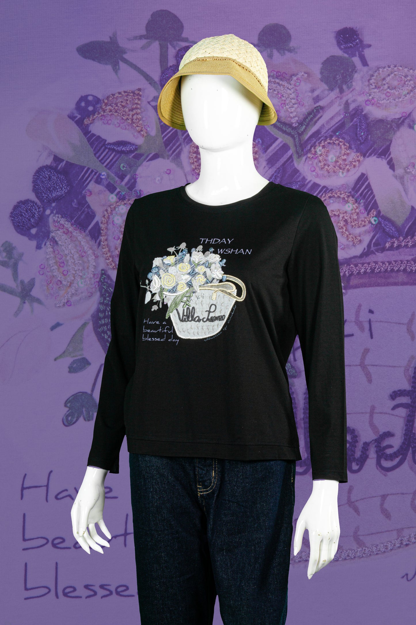 T-Shirt Tangan Panjang Sulam Motif Buket Bunga Villa