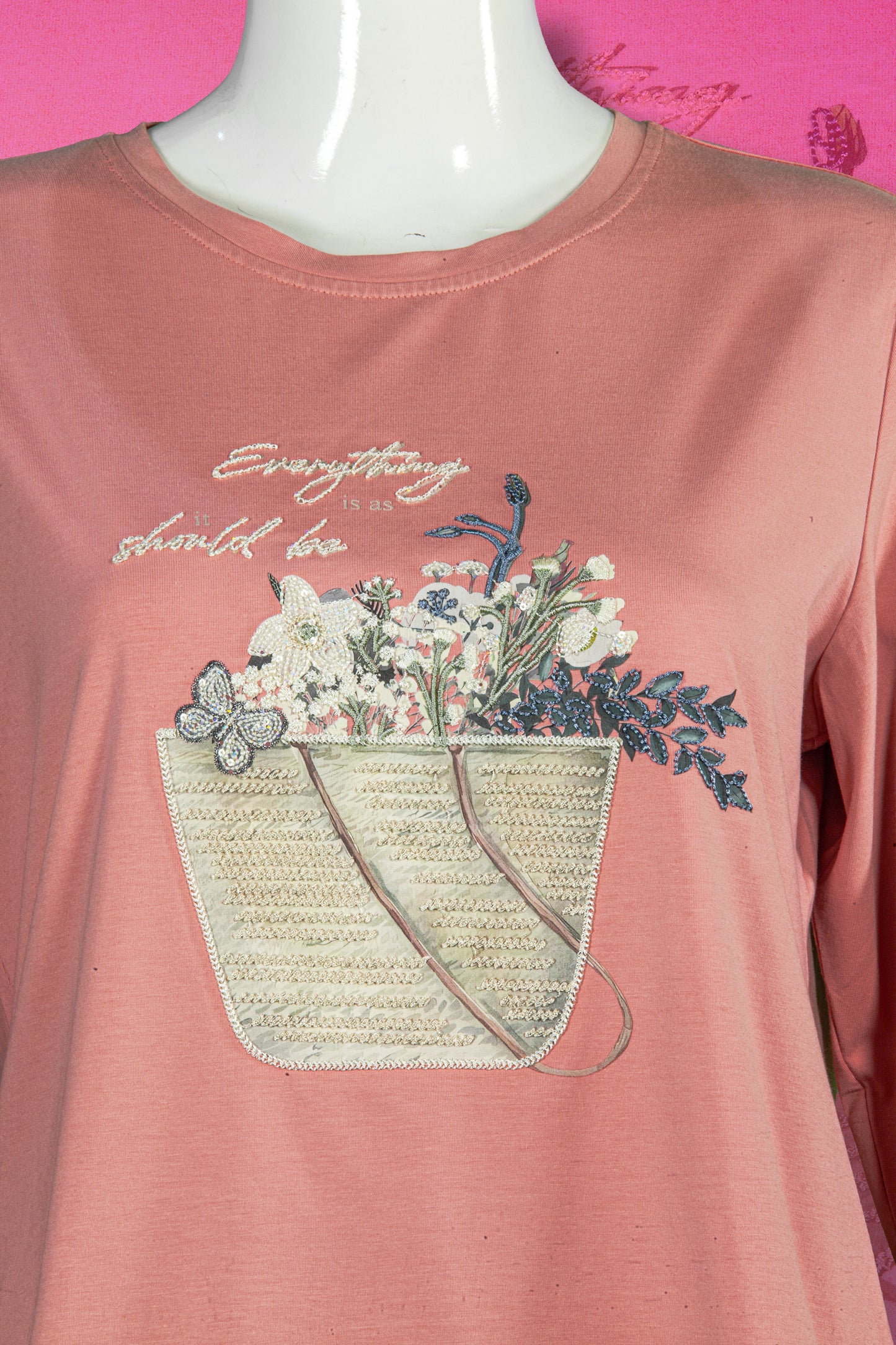 T-Shirt Tangan Panjang Sulam Motif Buket Bunga