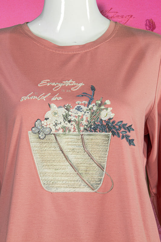 T-Shirt Tangan Panjang Sulam Motif Buket Bunga