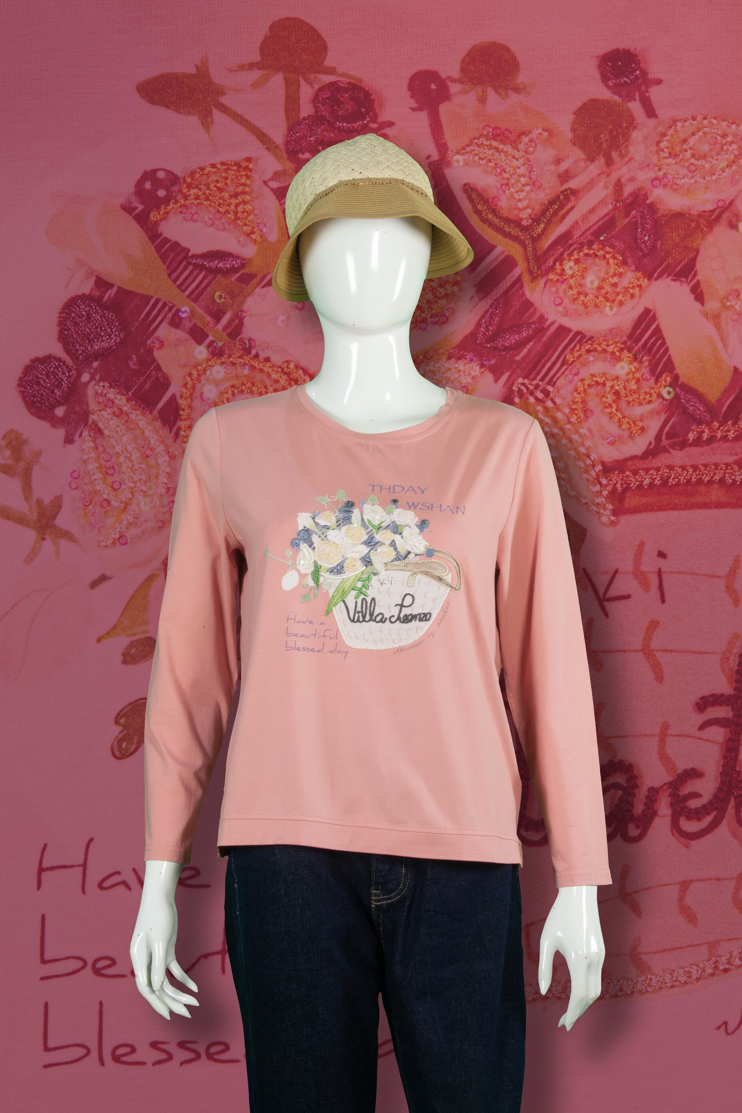 T-Shirt Tangan Panjang Sulam Motif Buket Bunga Villa