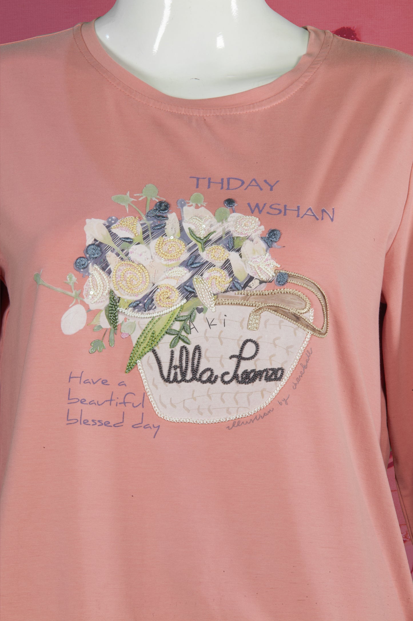 T-Shirt Tangan Panjang Sulam Motif Buket Bunga Villa