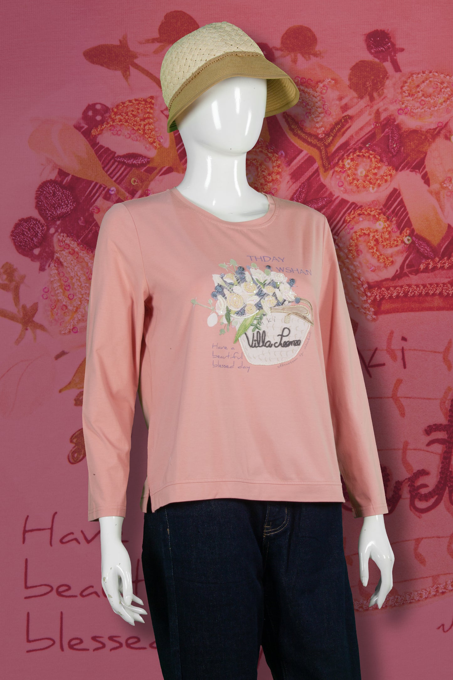 T-Shirt Tangan Panjang Sulam Motif Buket Bunga Villa