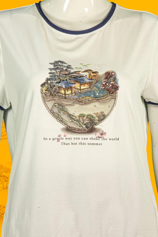 T-Shirt Sulam Motif Mangkok Rumah