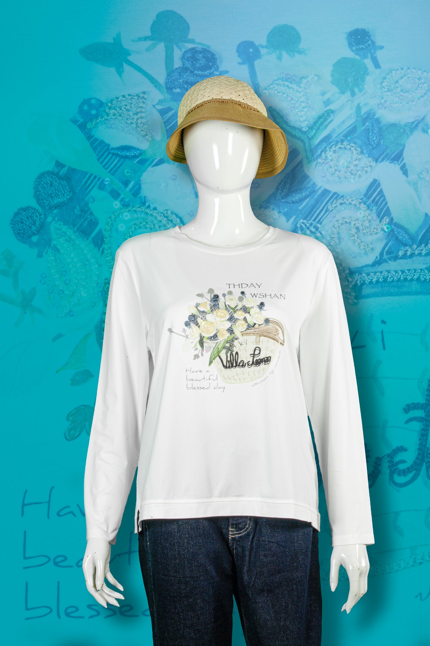 T-Shirt Tangan Panjang Sulam Motif Buket Bunga Villa