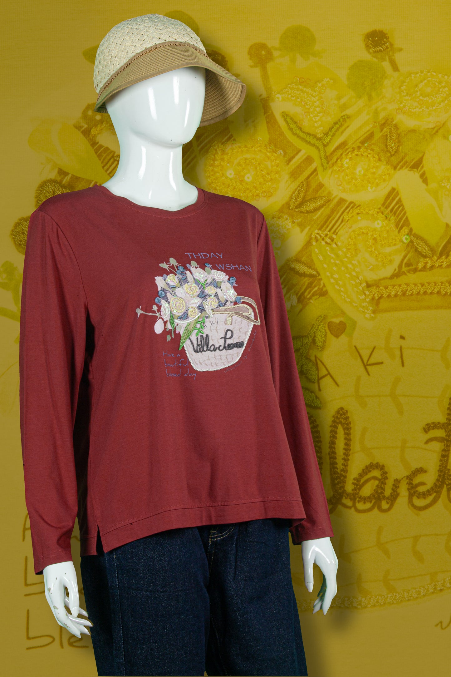 T-Shirt Tangan Panjang Sulam Motif Buket Bunga Villa