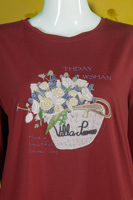 T-Shirt Tangan Panjang Sulam Motif Buket Bunga Villa