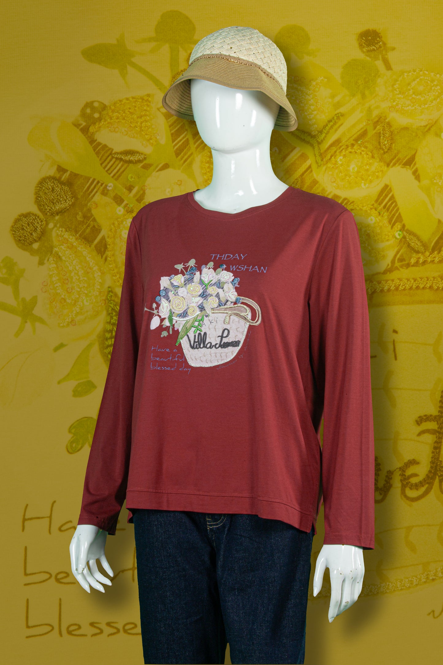 T-Shirt Tangan Panjang Sulam Motif Buket Bunga Villa