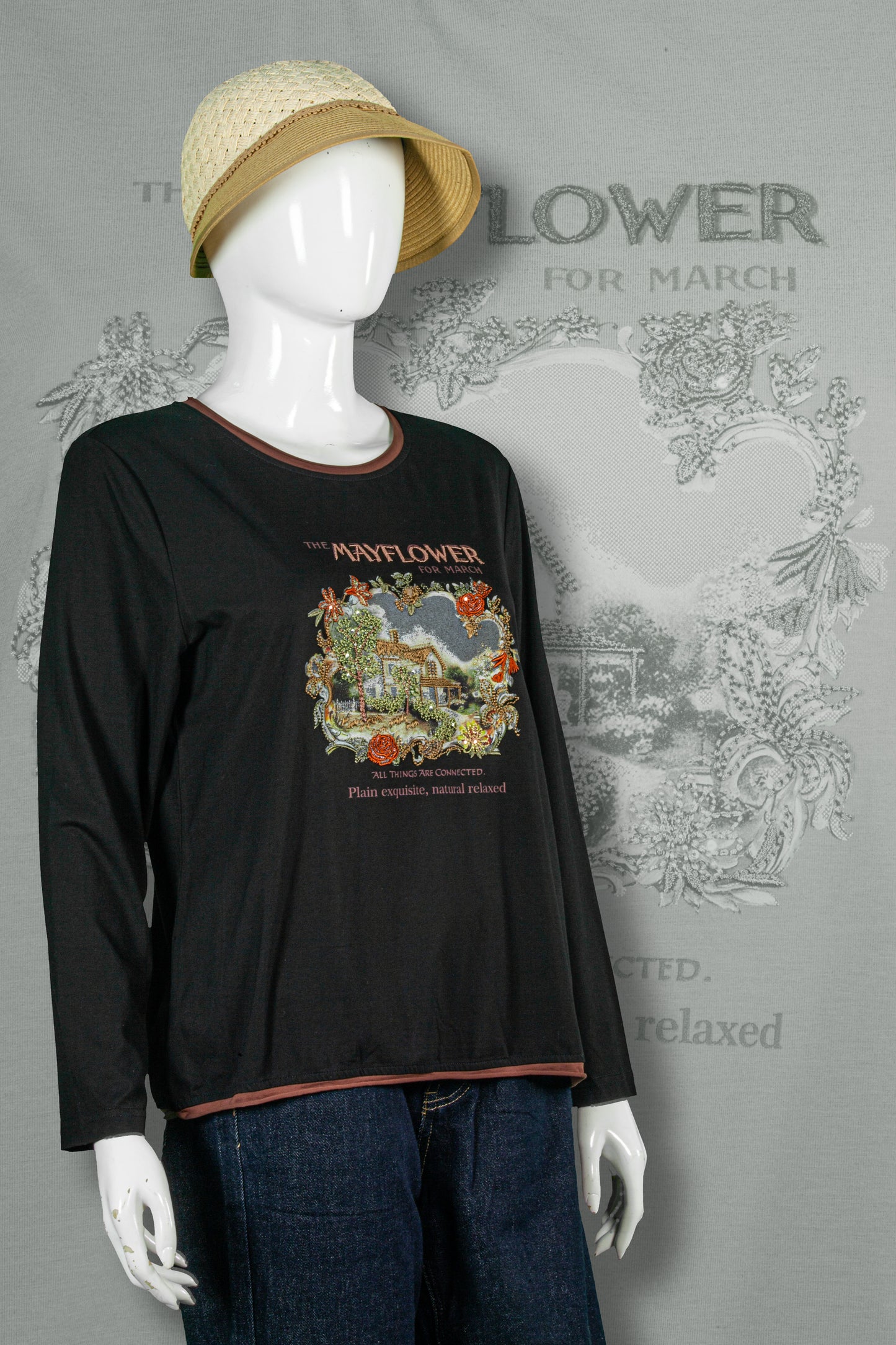 T-Shirt Tangan Panjang Sulam Motif Mayflower