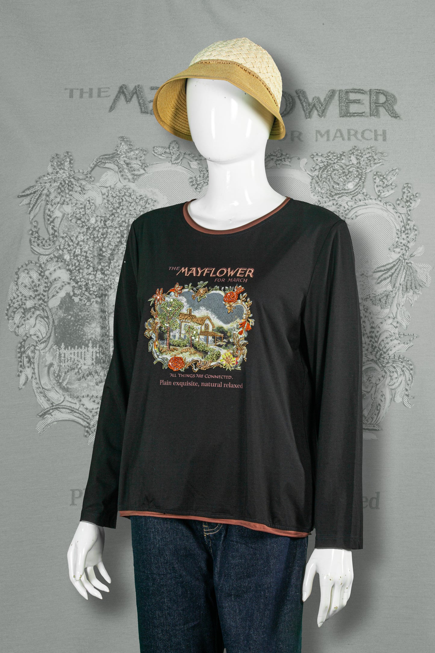 T-Shirt Tangan Panjang Sulam Motif Mayflower