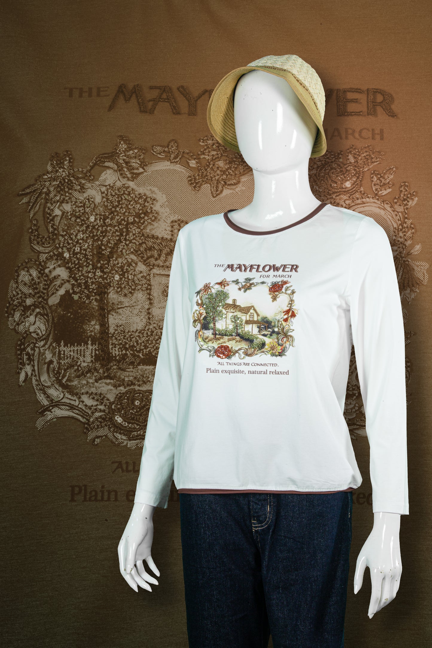 T-Shirt Tangan Panjang Sulam Motif Mayflower