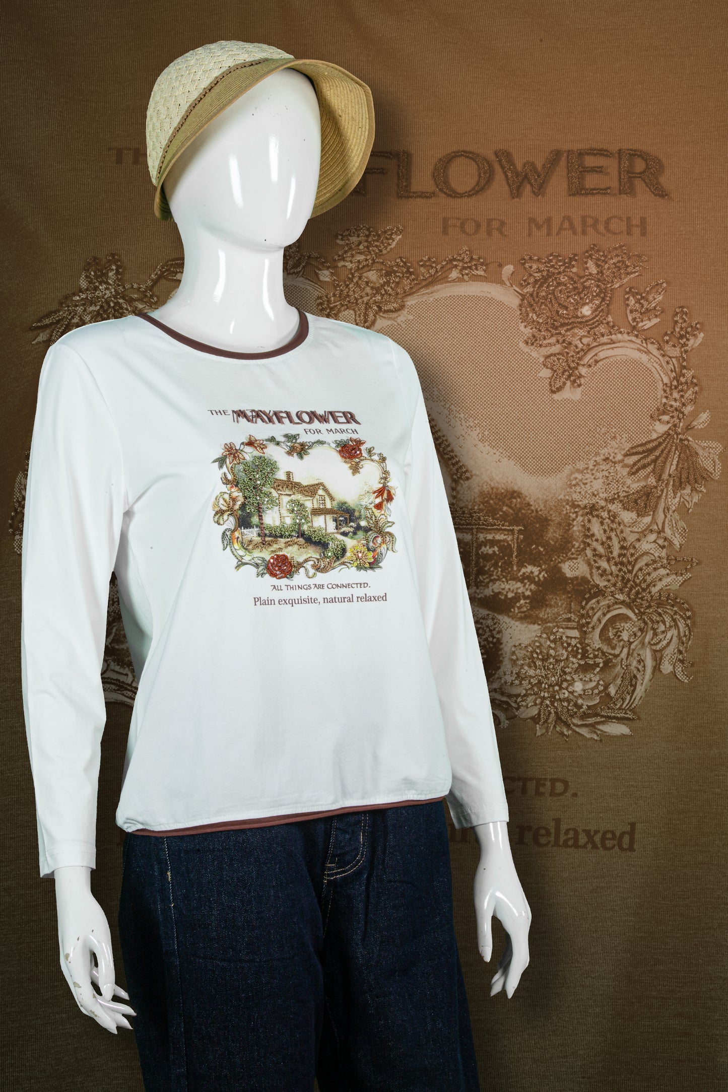 T-Shirt Tangan Panjang Sulam Motif Mayflower