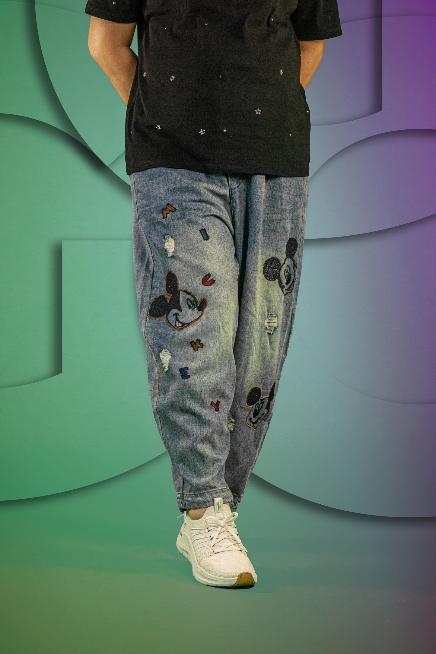 Celana Soft Jeans Motif Mickey Alphabet