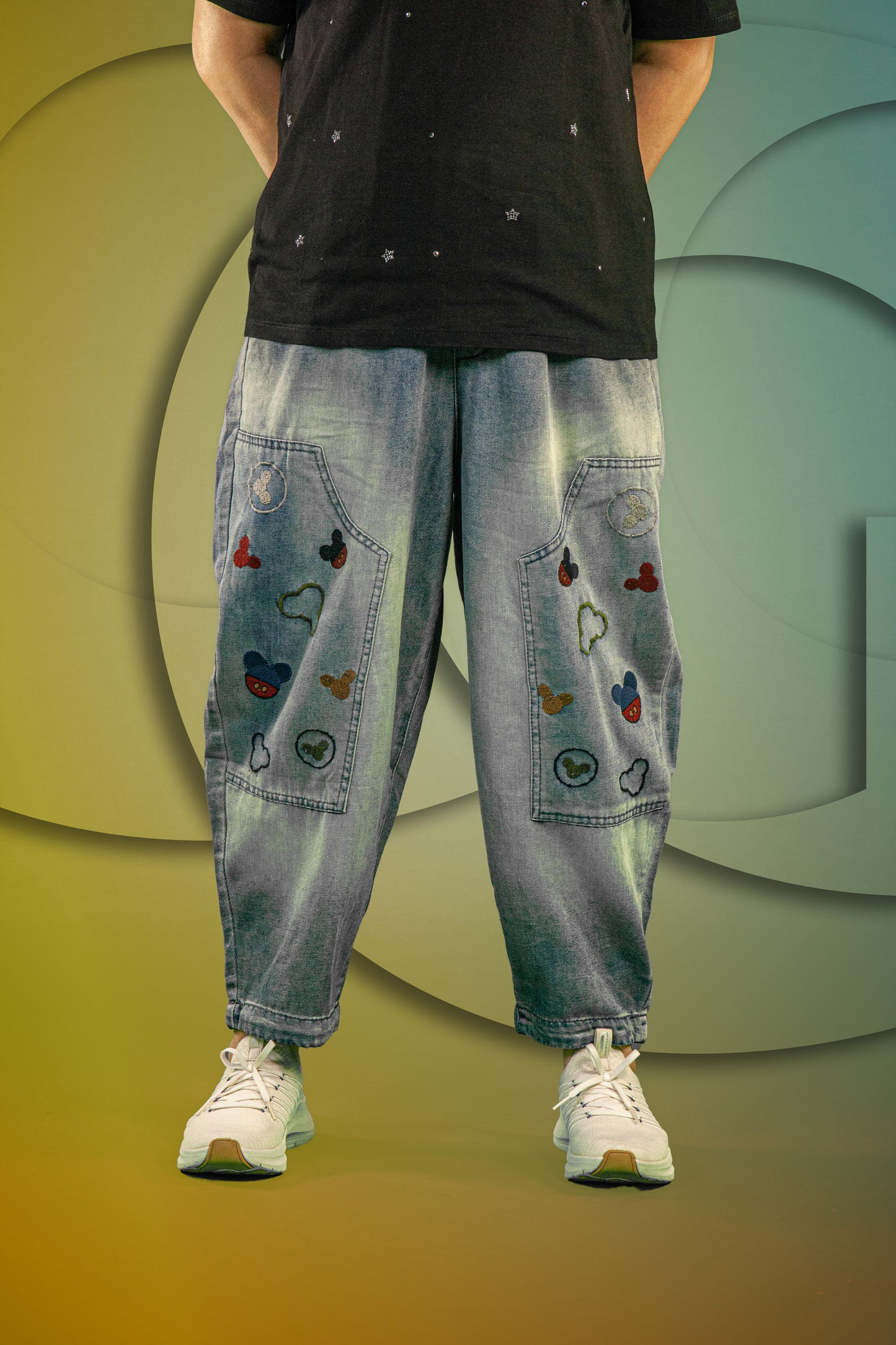 Celana Soft Jeans Motif Mickey Button
