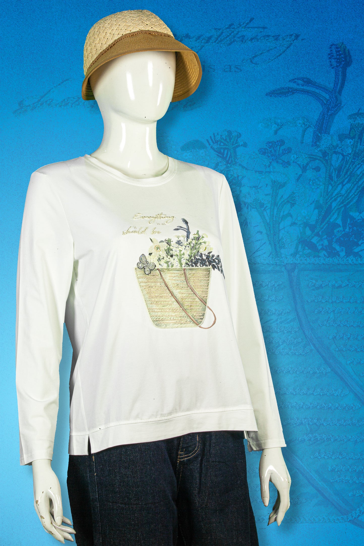 T-Shirt Tangan Panjang Sulam Motif Buket Bunga