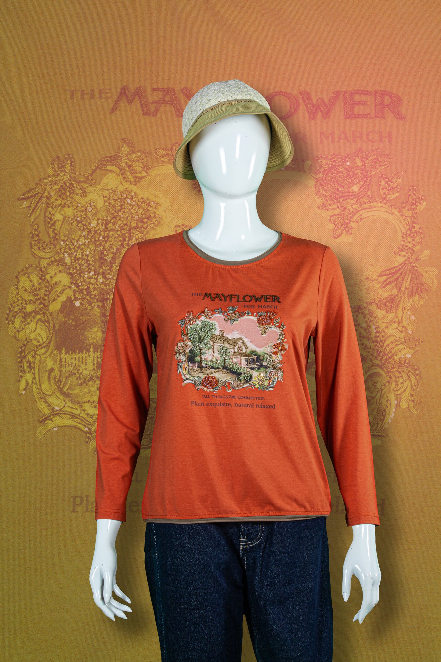 T-Shirt Tangan Panjang Sulam Motif Mayflower