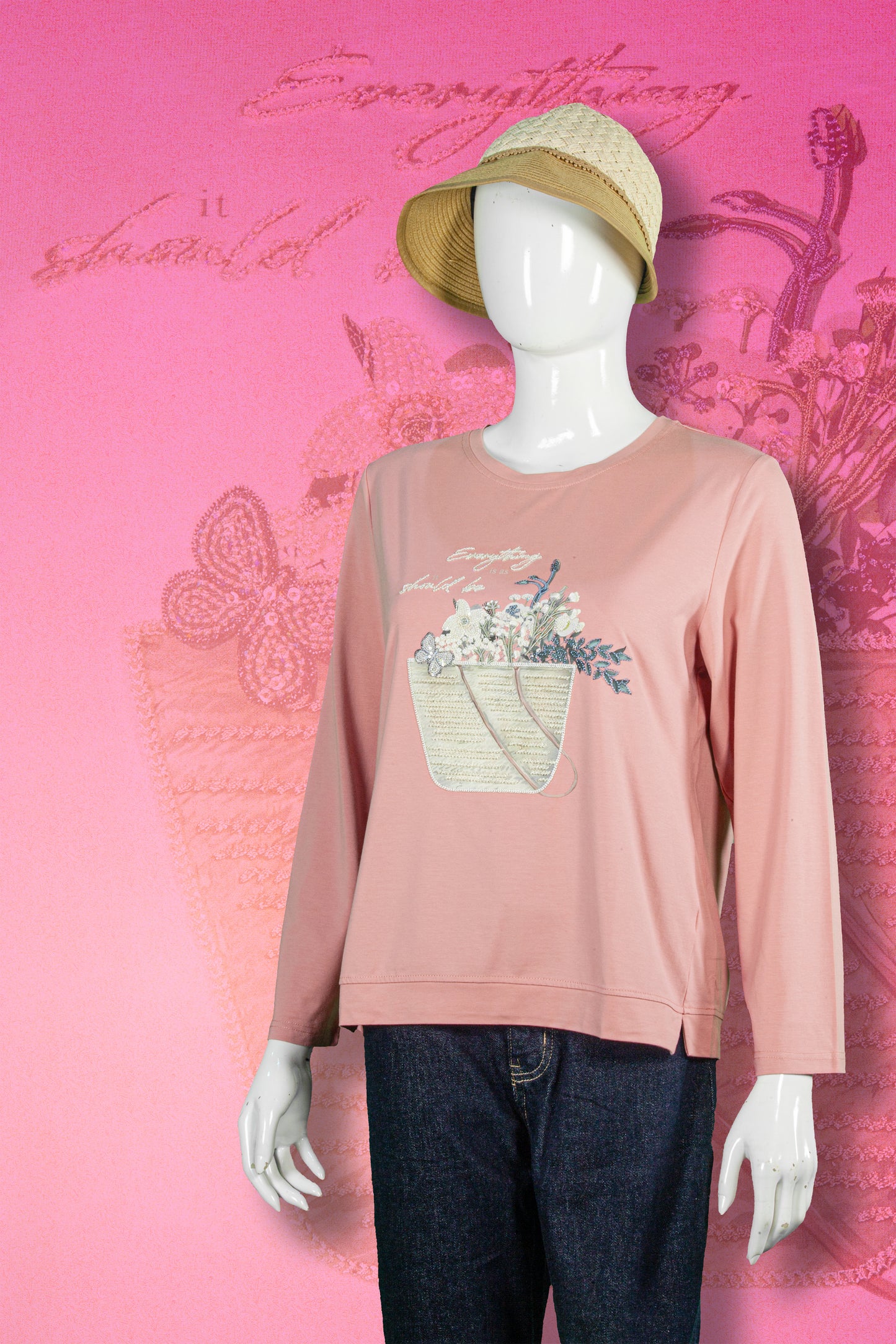 T-Shirt Tangan Panjang Sulam Motif Buket Bunga