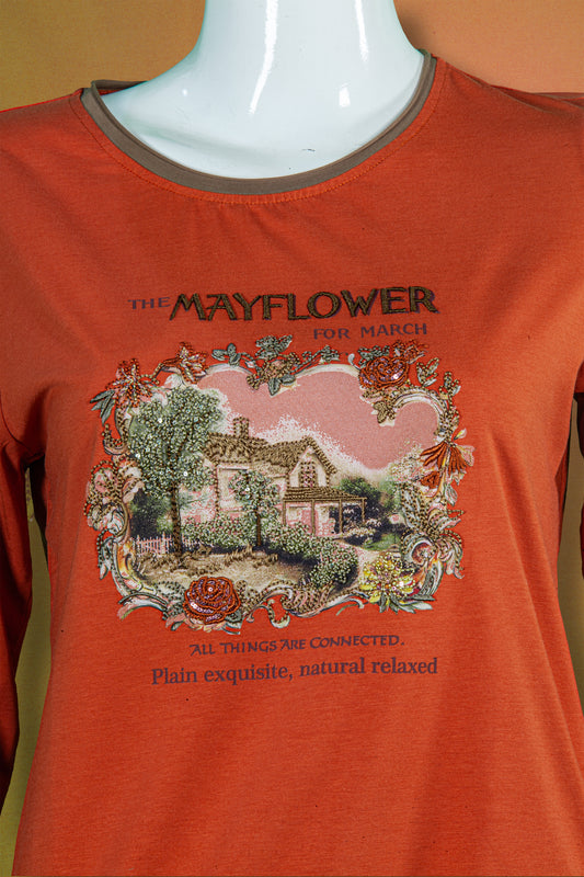 T-Shirt Tangan Panjang Sulam Motif Mayflower