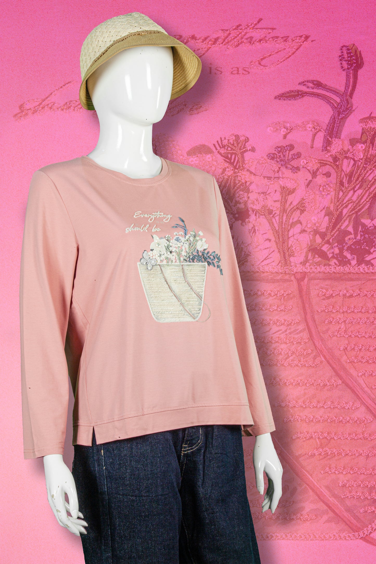 T-Shirt Tangan Panjang Sulam Motif Buket Bunga