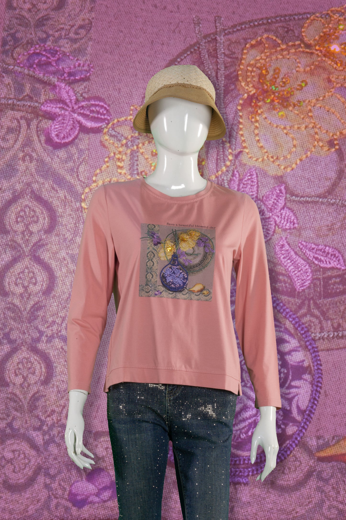 T-Shirt Tangan Panjang Sulam Motif Vas Bunga