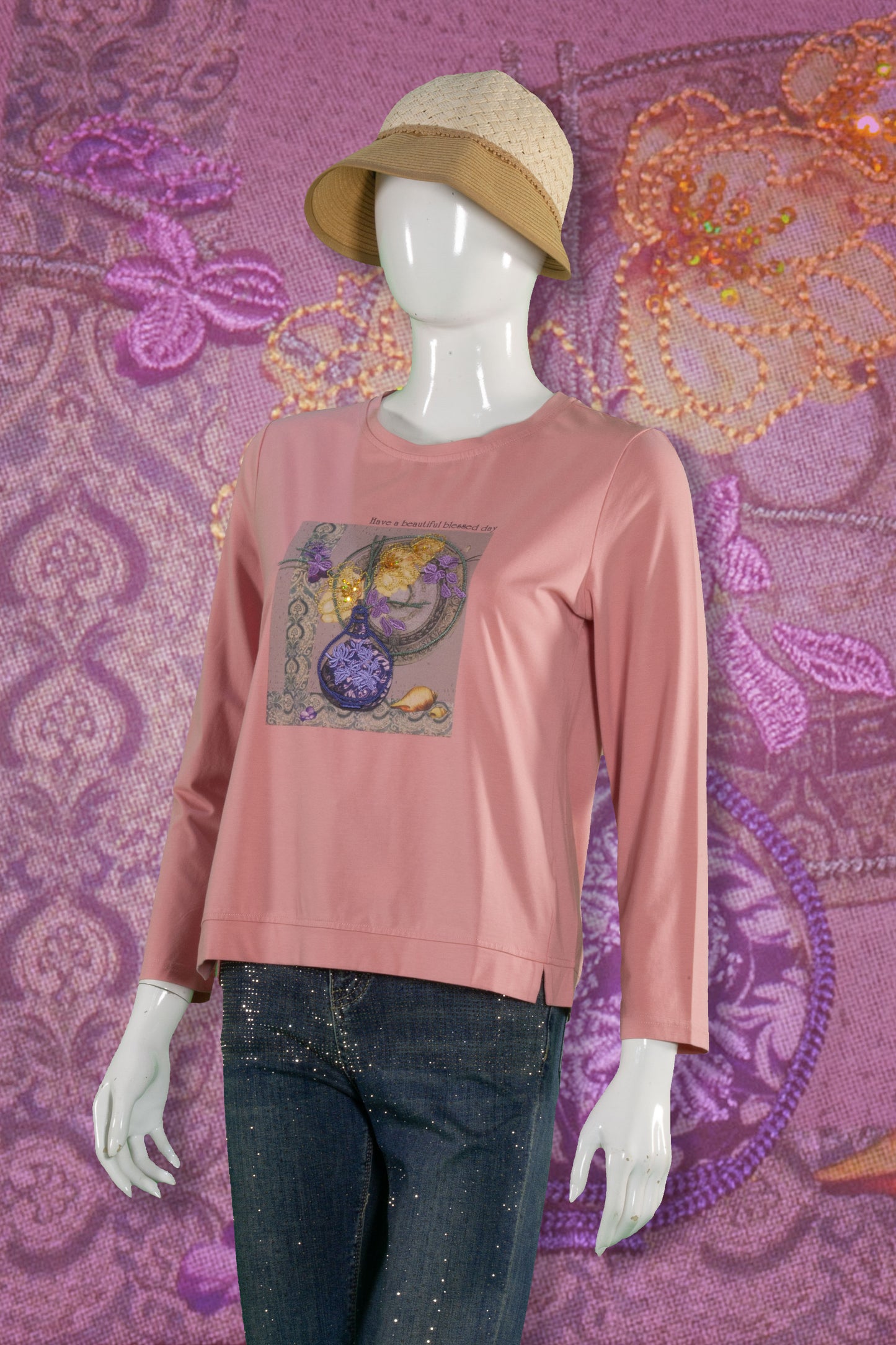 T-Shirt Tangan Panjang Sulam Motif Vas Bunga