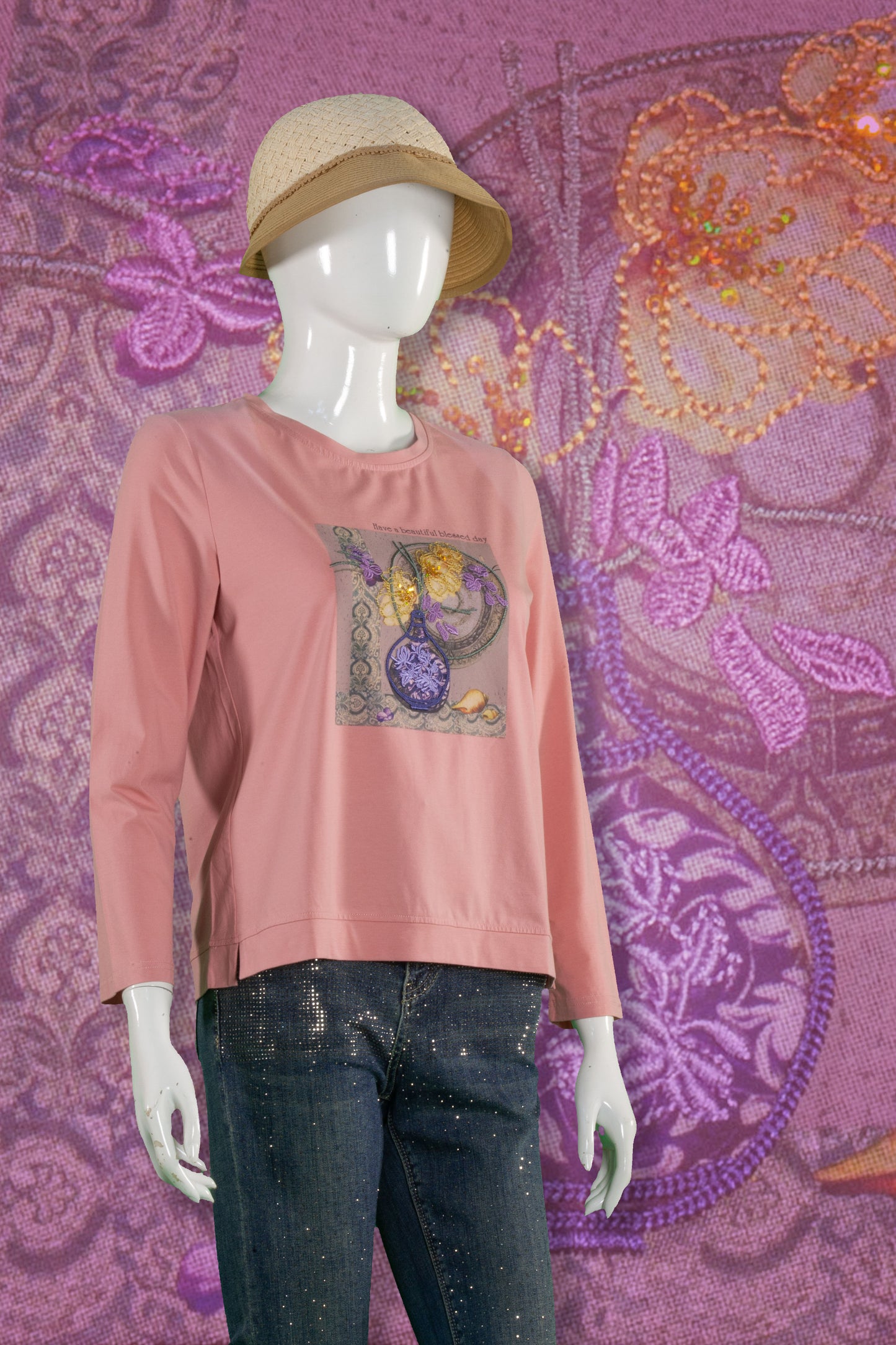 T-Shirt Tangan Panjang Sulam Motif Vas Bunga