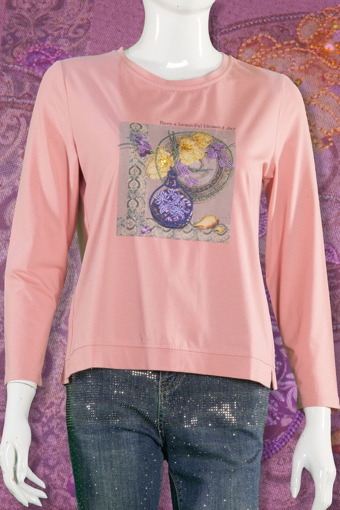 T-Shirt Tangan Panjang Sulam Motif Vas Bunga