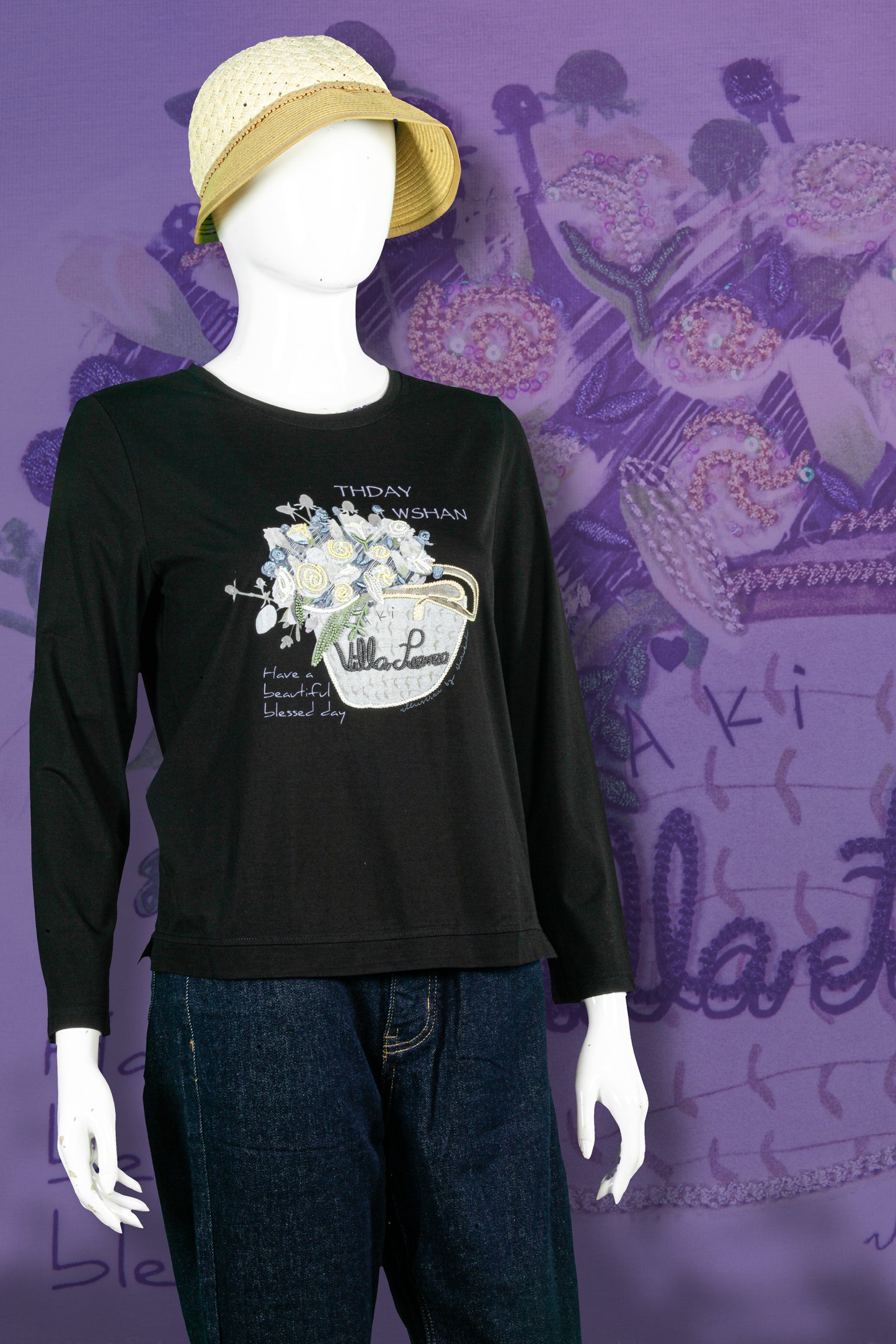 T-Shirt Tangan Panjang Sulam Motif Buket Bunga Villa