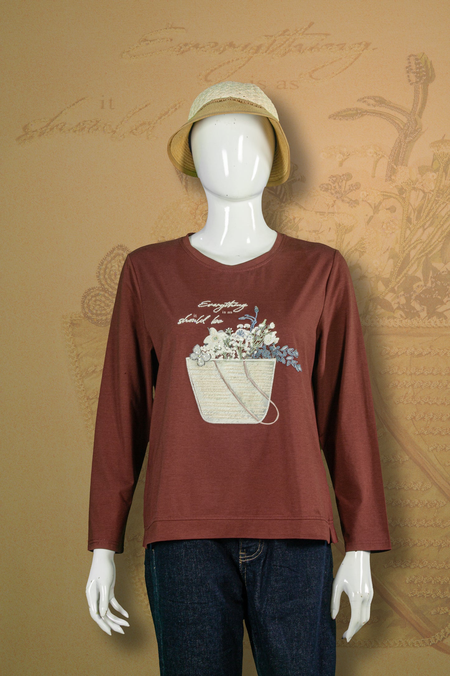 T-Shirt Tangan Panjang Sulam Motif Buket Bunga