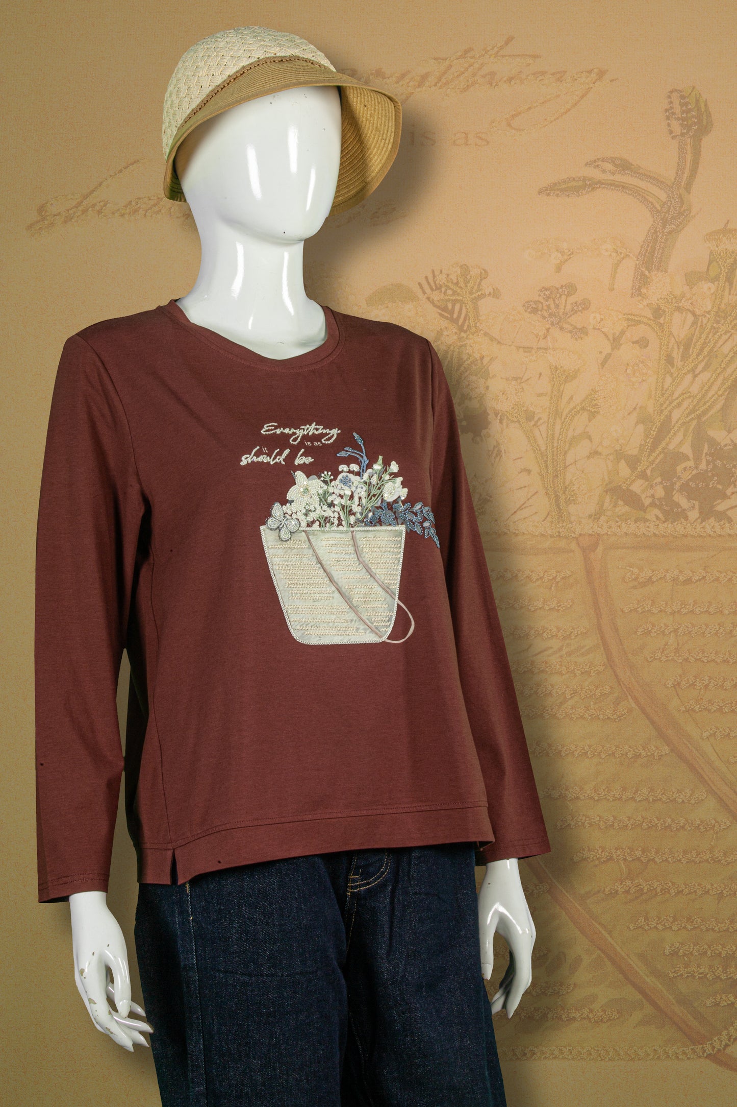 T-Shirt Tangan Panjang Sulam Motif Buket Bunga