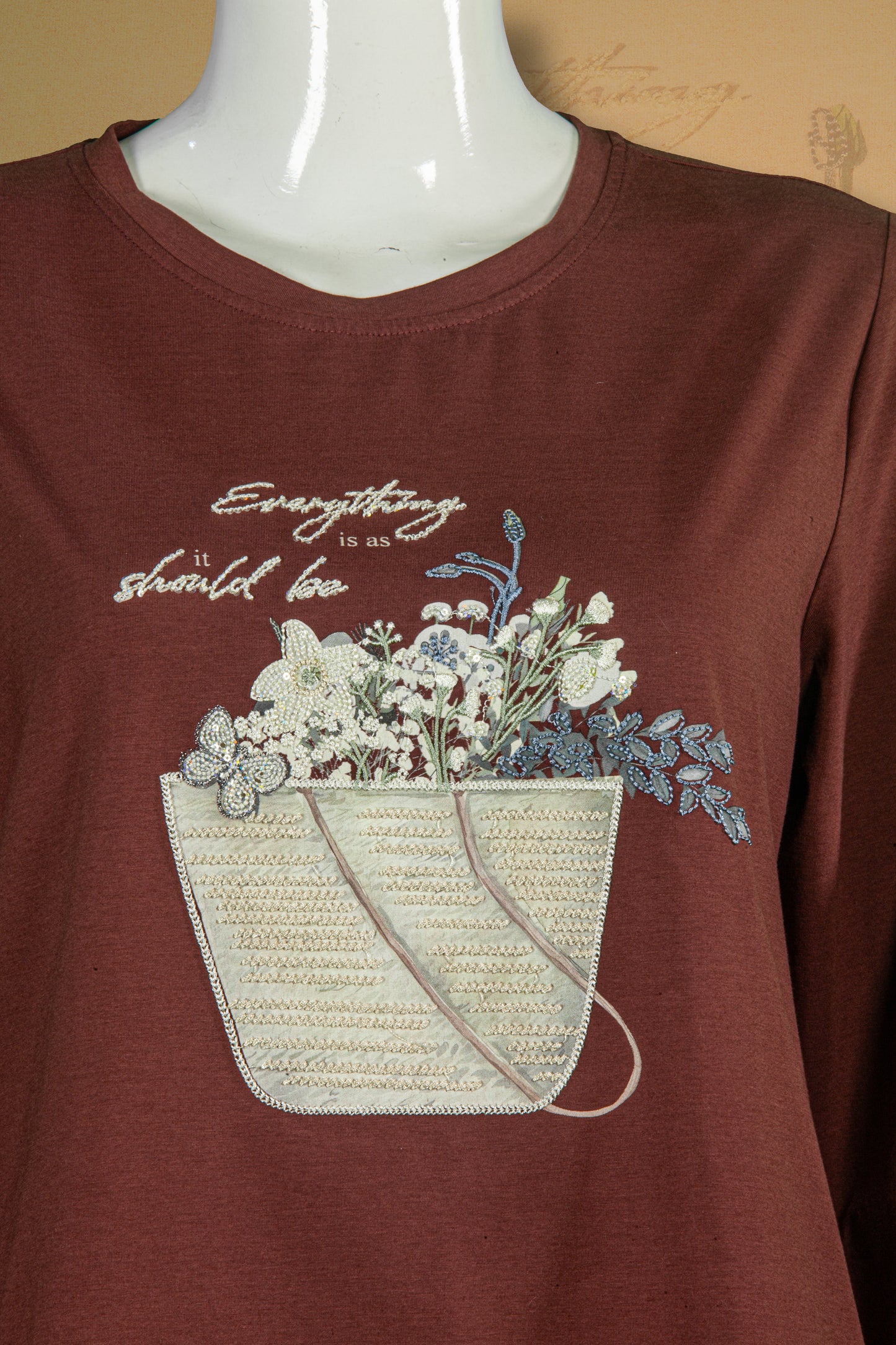 T-Shirt Tangan Panjang Sulam Motif Buket Bunga