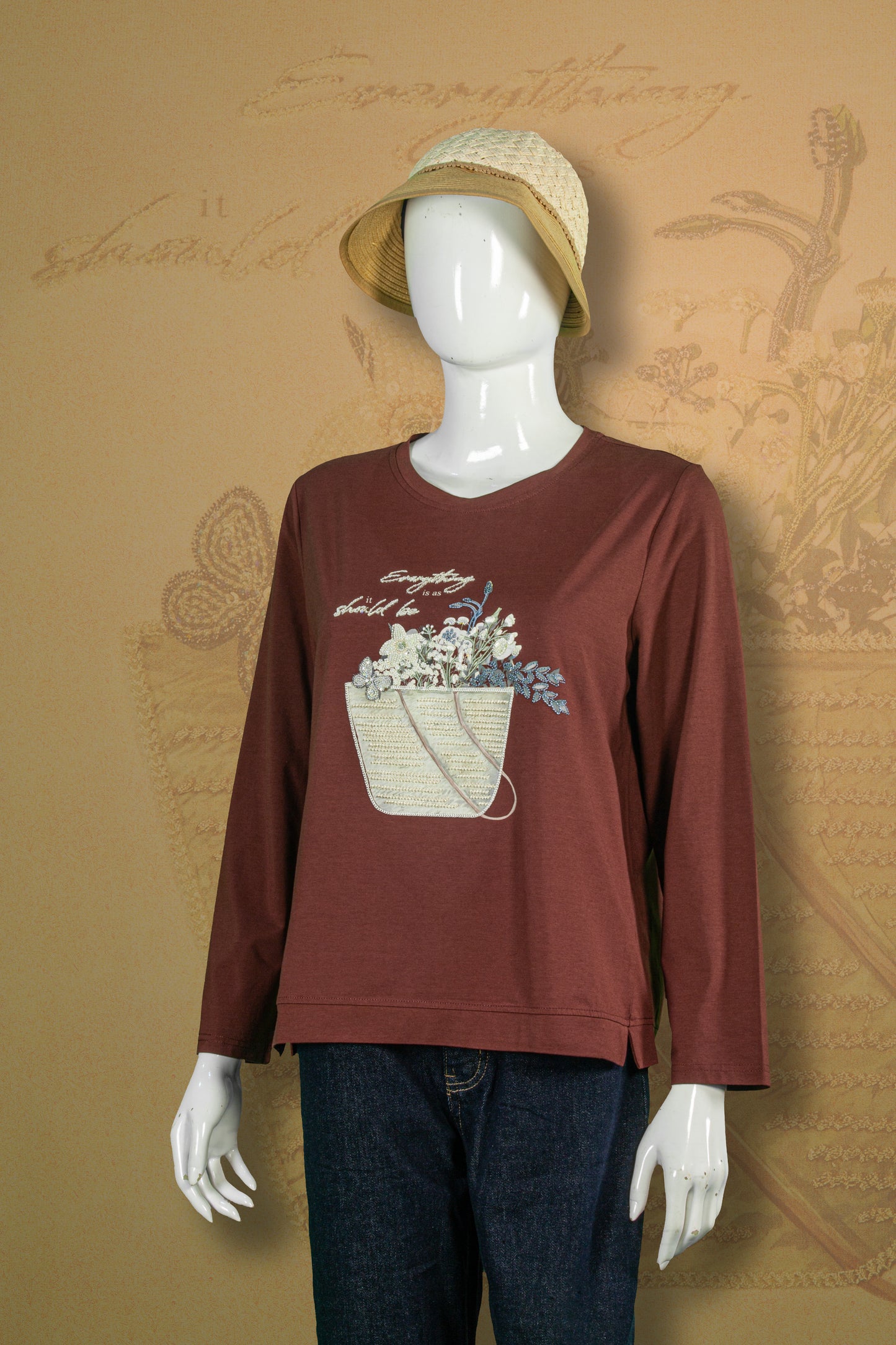 T-Shirt Tangan Panjang Sulam Motif Buket Bunga