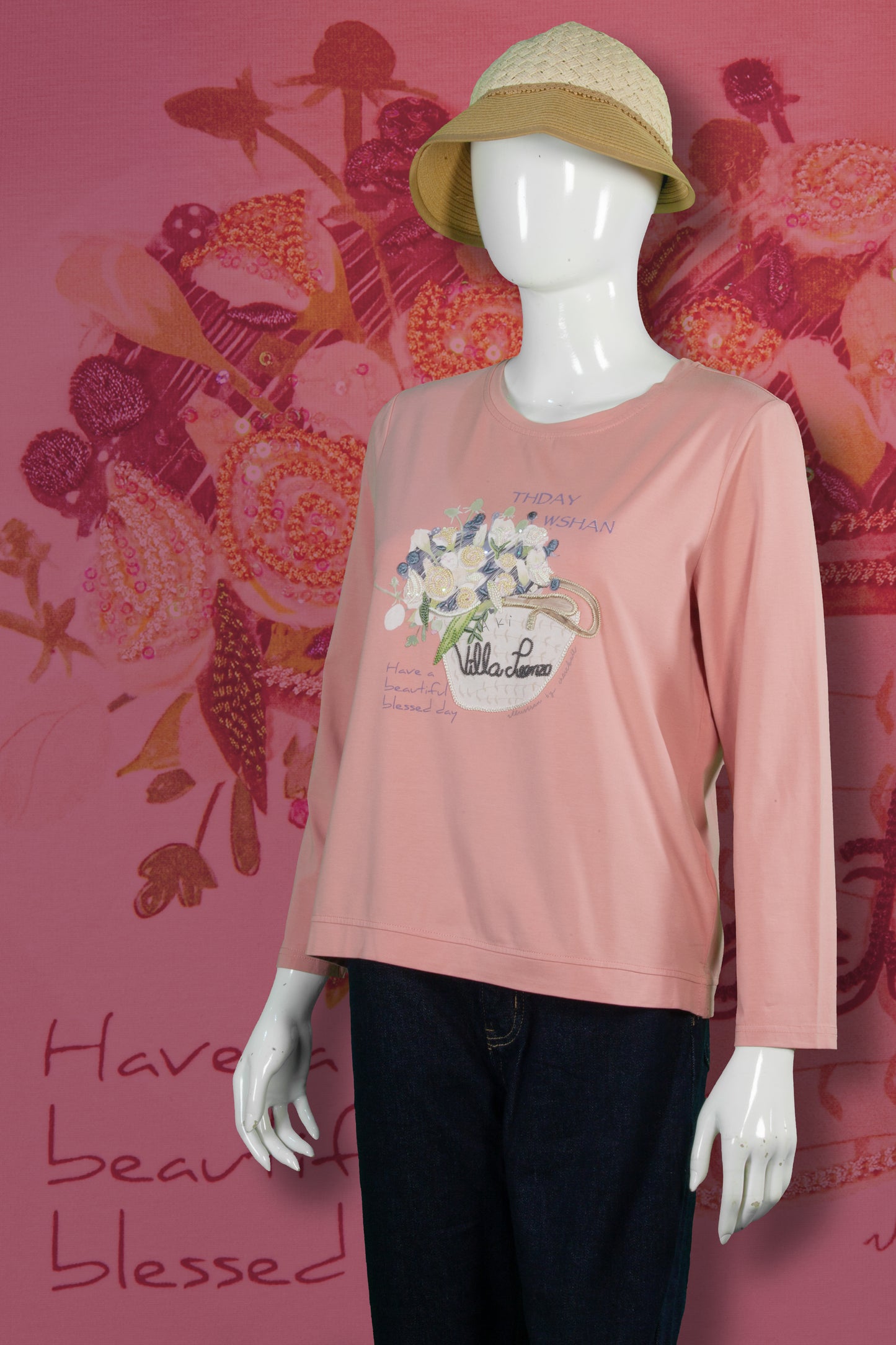 T-Shirt Tangan Panjang Sulam Motif Buket Bunga Villa