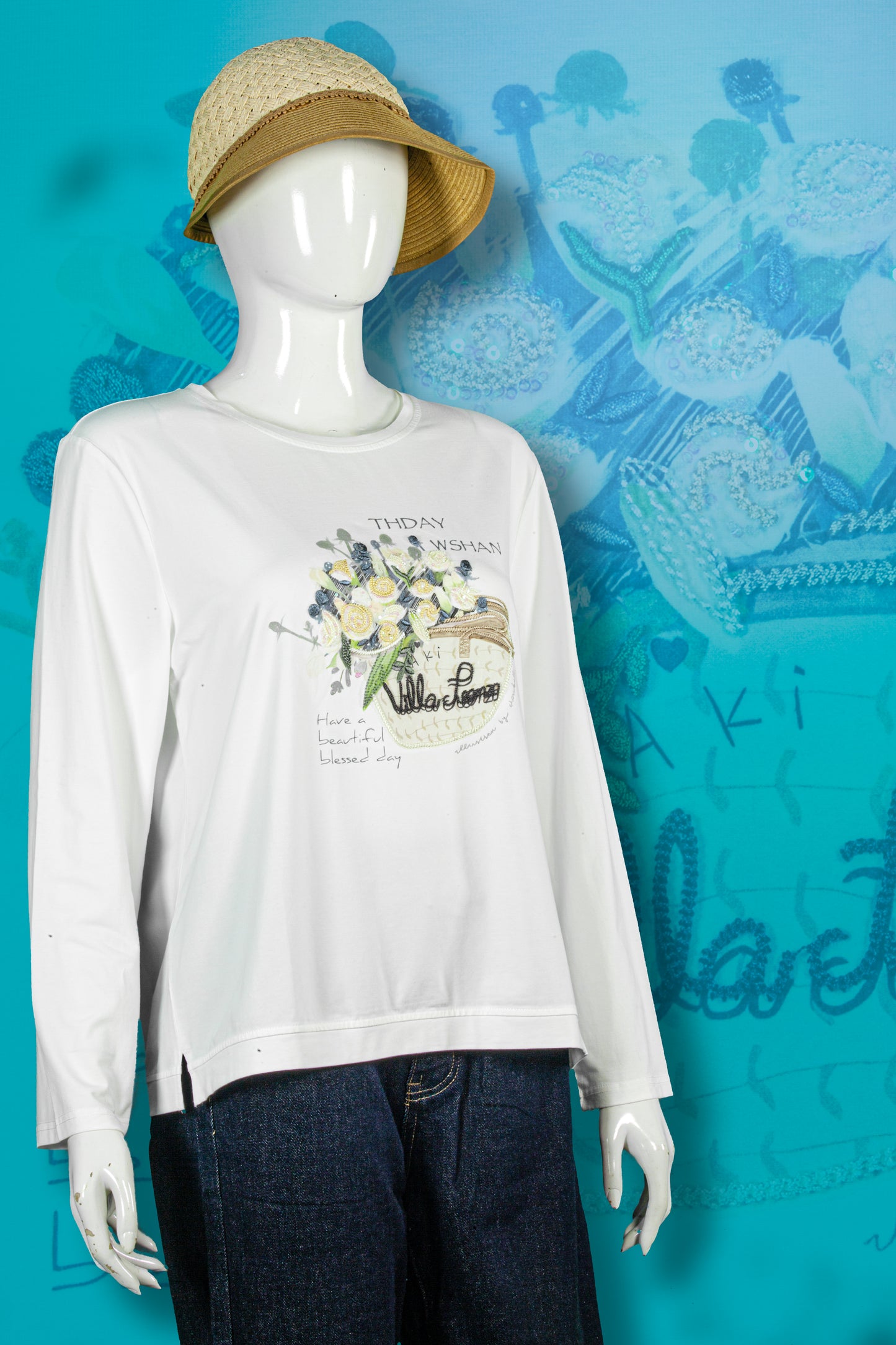 T-Shirt Tangan Panjang Sulam Motif Buket Bunga Villa