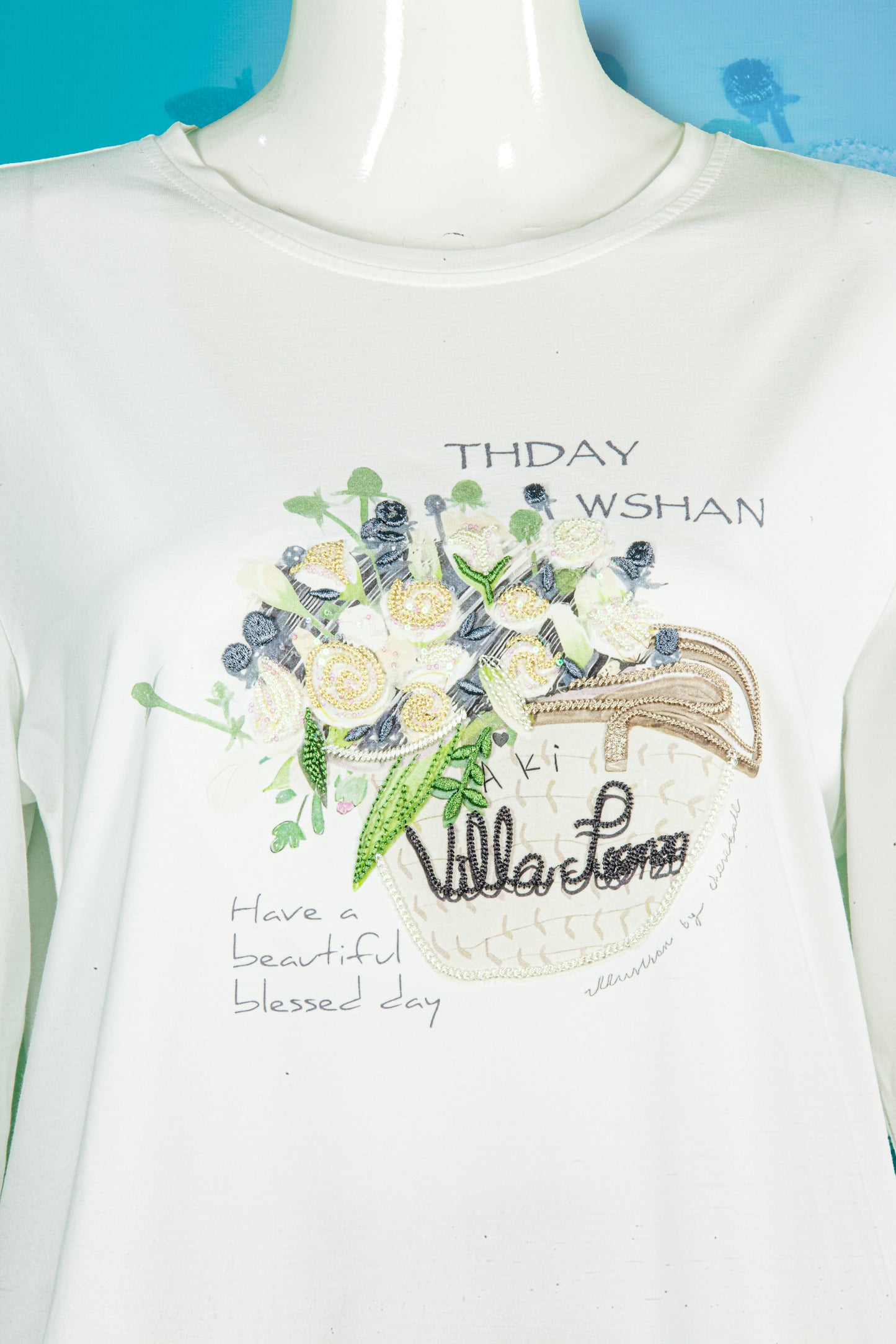 T-Shirt Tangan Panjang Sulam Motif Buket Bunga Villa