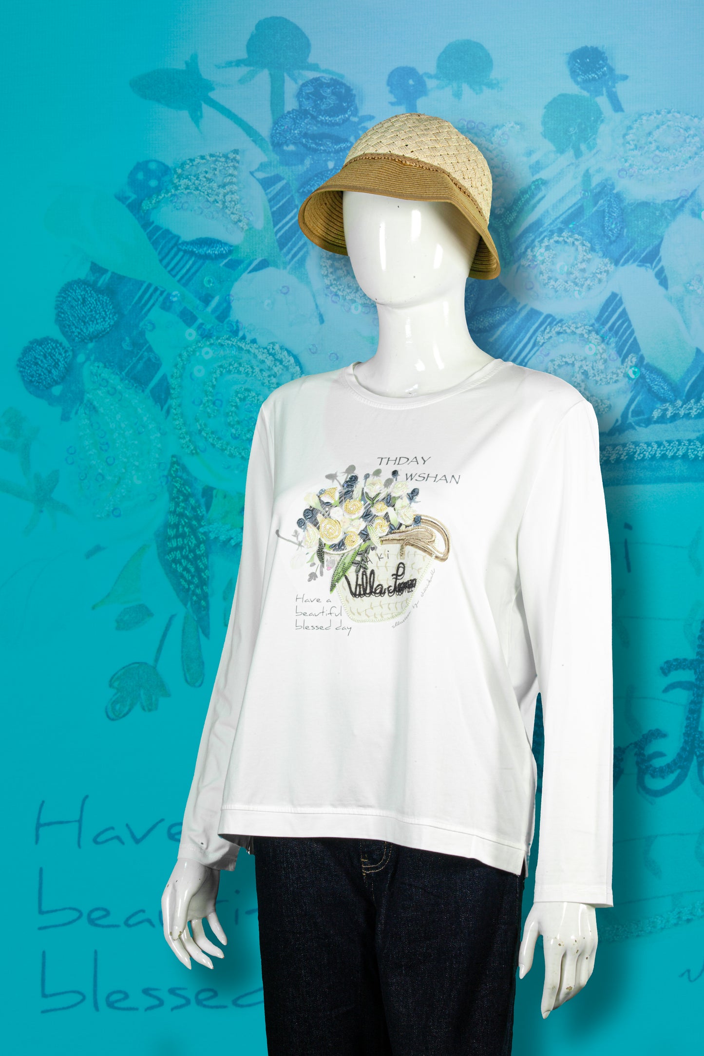 T-Shirt Tangan Panjang Sulam Motif Buket Bunga Villa