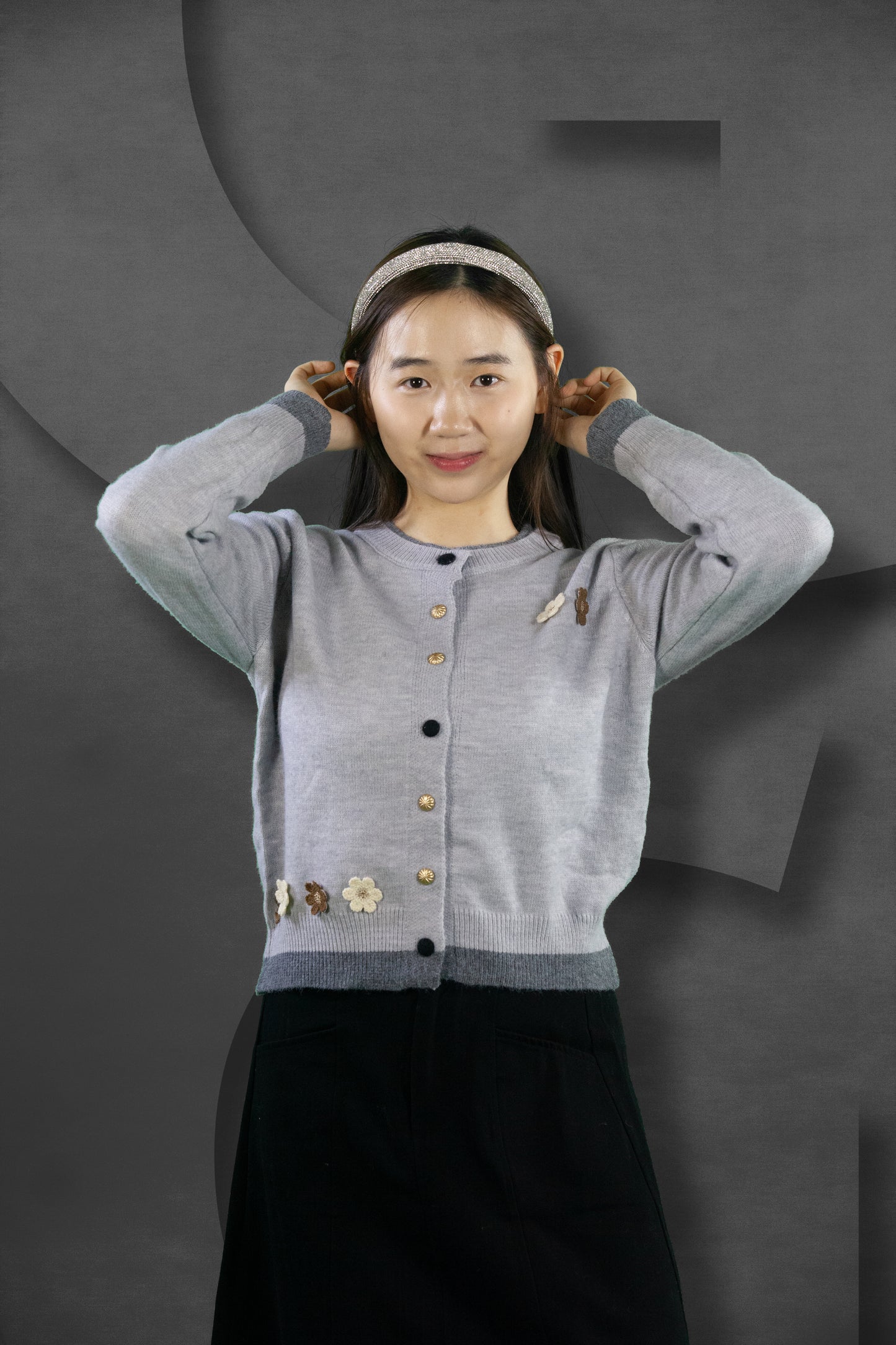 Cardigan Rajut Two Tone Motif Bunga