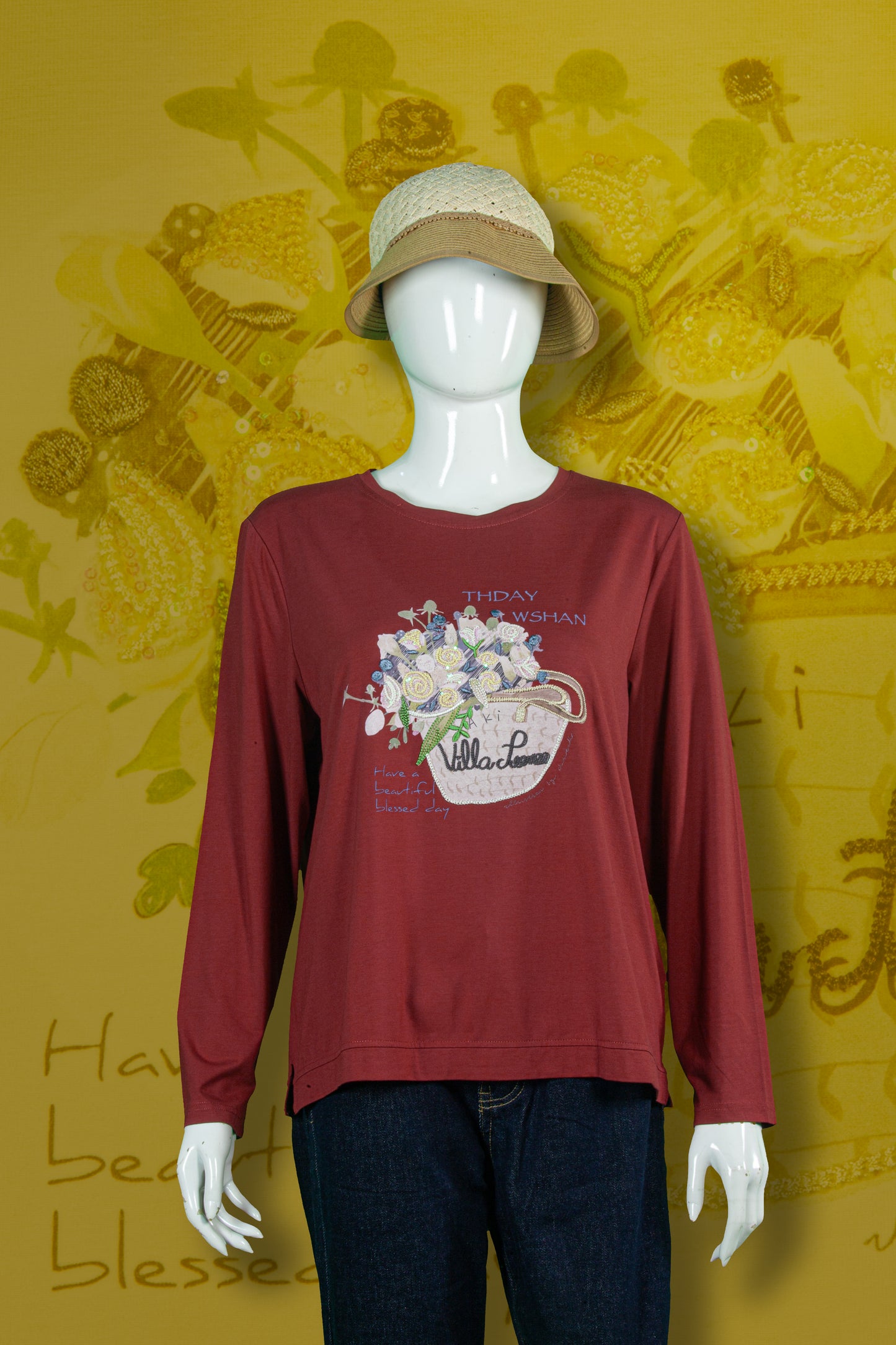 T-Shirt Tangan Panjang Sulam Motif Buket Bunga Villa