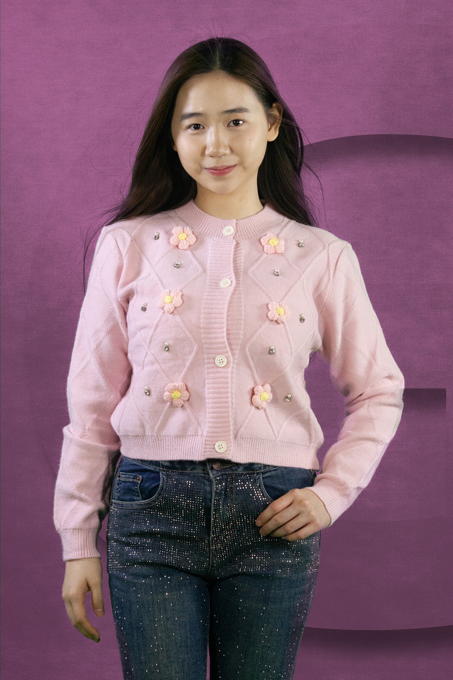 Cardigan Rajut Motif Bunga dan Garis