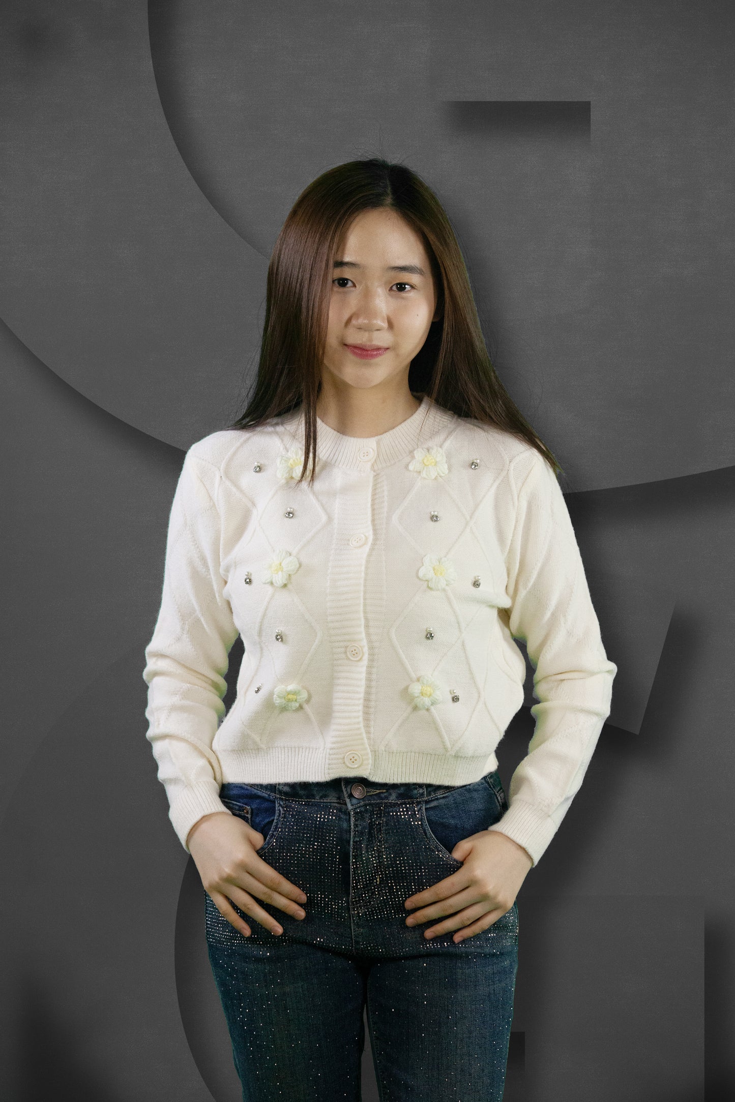 Cardigan Rajut Motif Bunga dan Garis