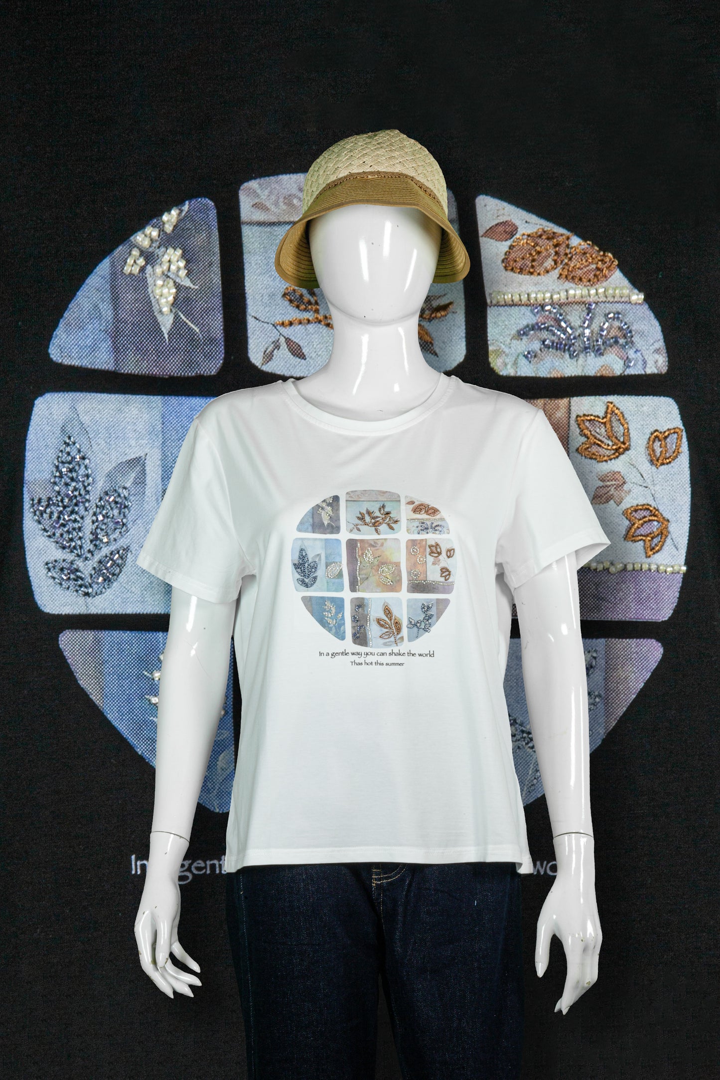 T-Shirt Sulam Motif Daun Bundar