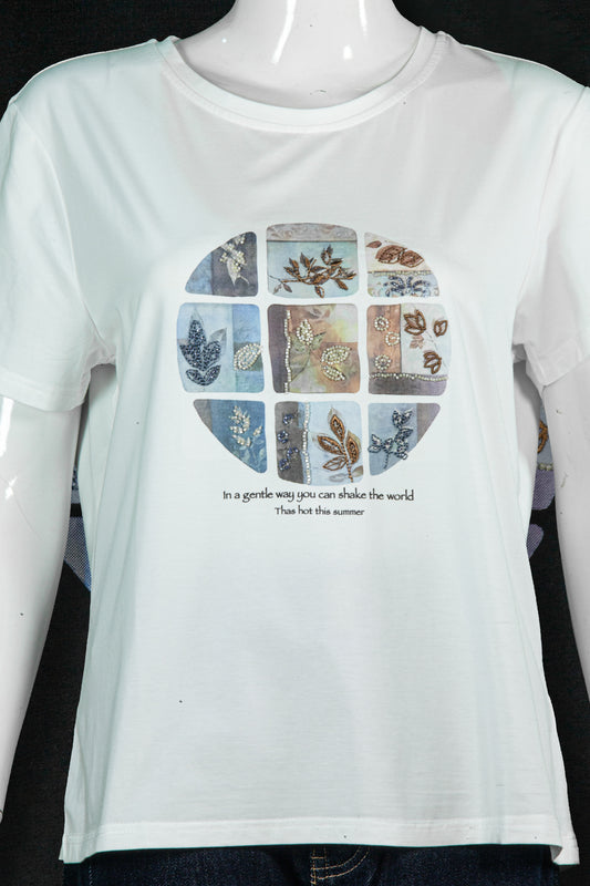 T-Shirt Sulam Motif Daun Bundar