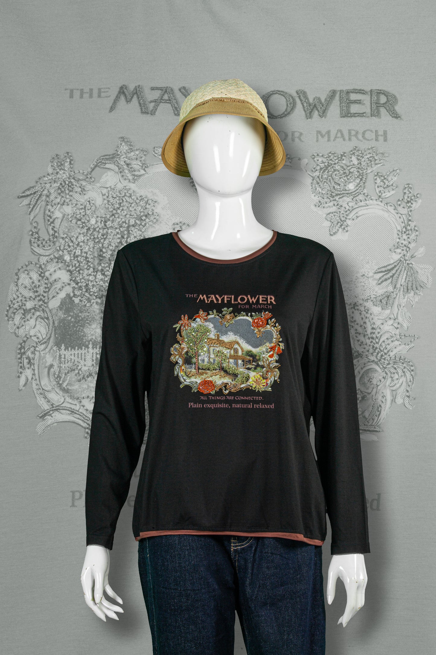 T-Shirt Tangan Panjang Sulam Motif Mayflower