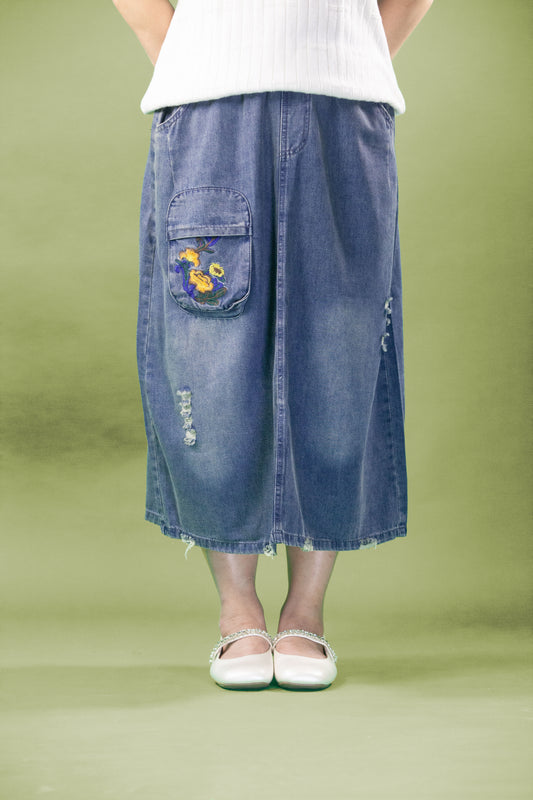 Rok Soft Jeans Motif Kantong Bunga Kuning