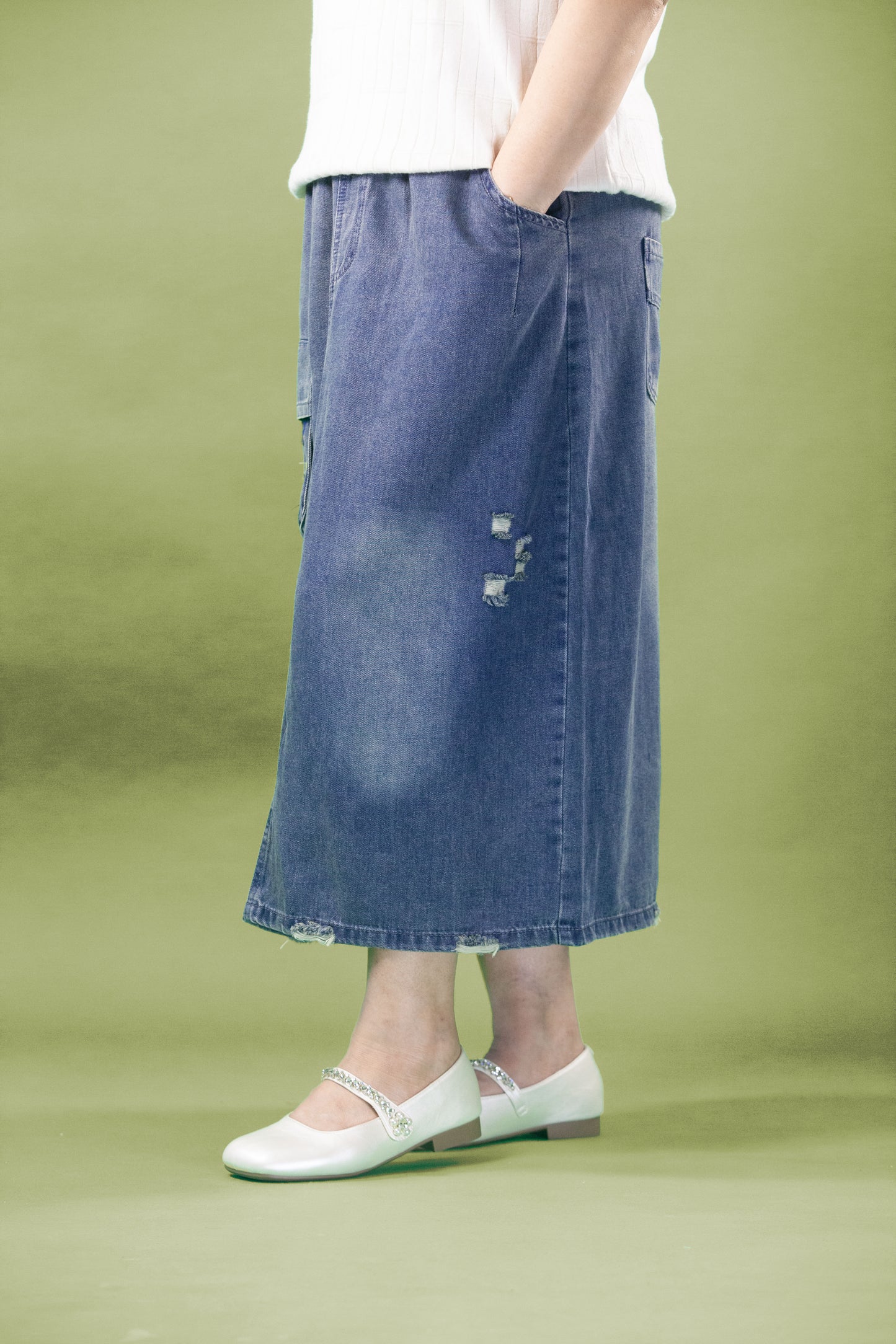 Rok Soft Jeans Motif Kantong Bunga Kuning