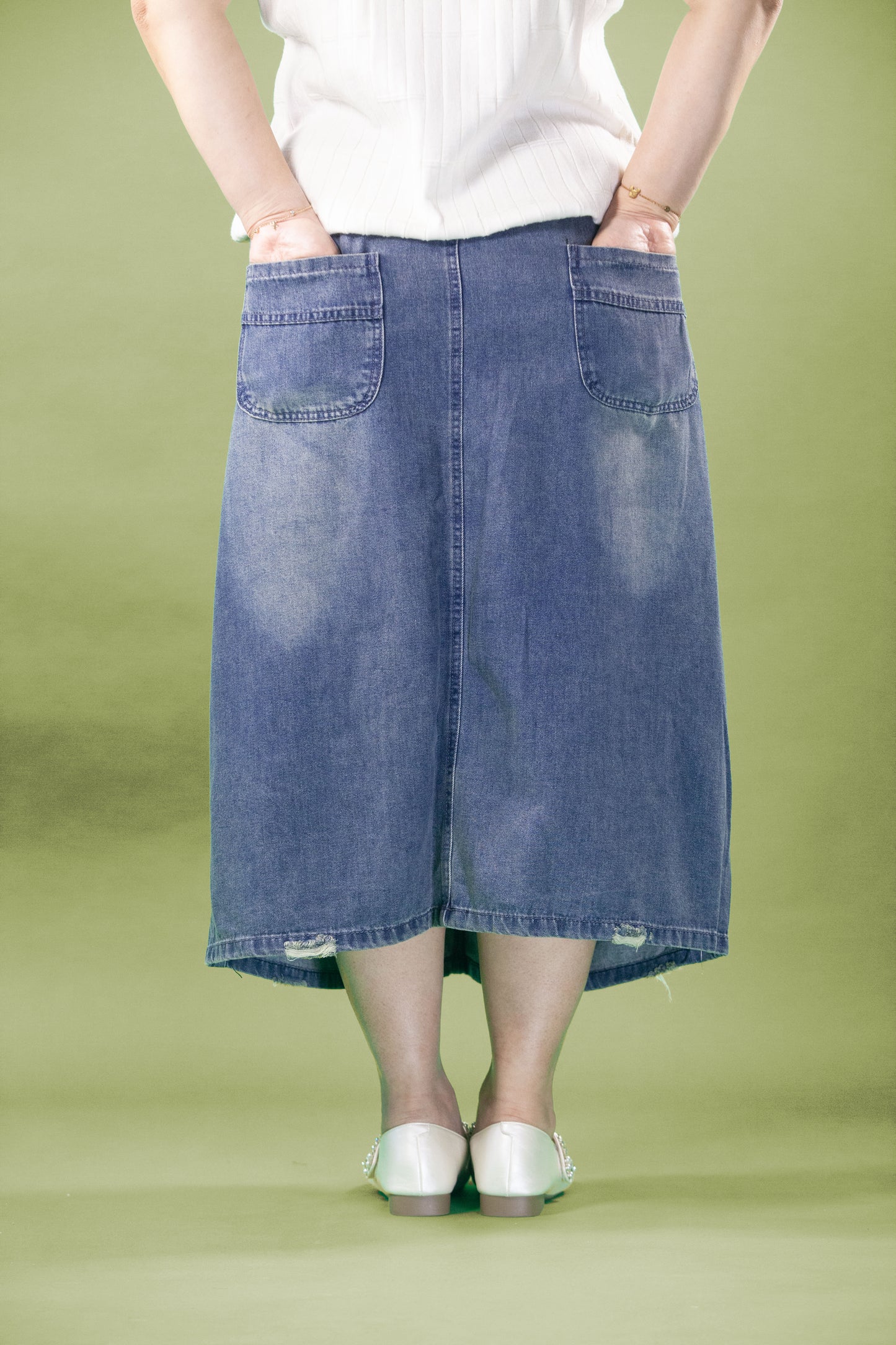 Rok Soft Jeans Motif Kantong Bunga Kuning